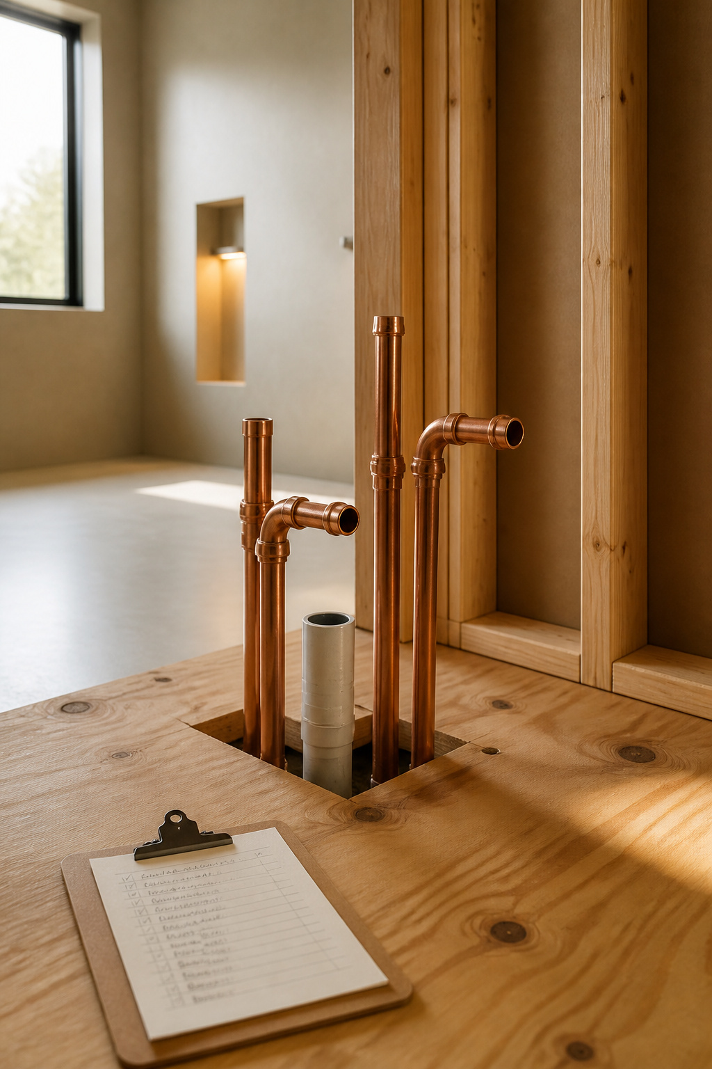 Copper supply lines and a PVC drain stub-out rising through an open subfloor next to an inspection checklist, walls not yet closed