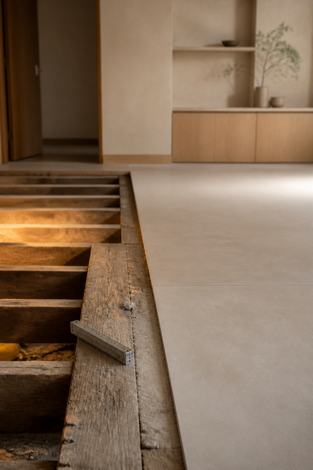 Century-old exposed floor joists and subfloor transitioning into a finished bone-coloured microcement bathroom wall and floor