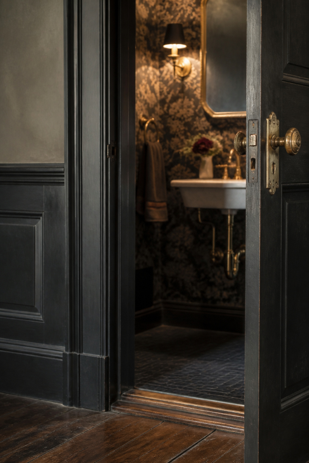 Paneled door frame with aged brass hardware opening from an old-house corridor into a small powder room