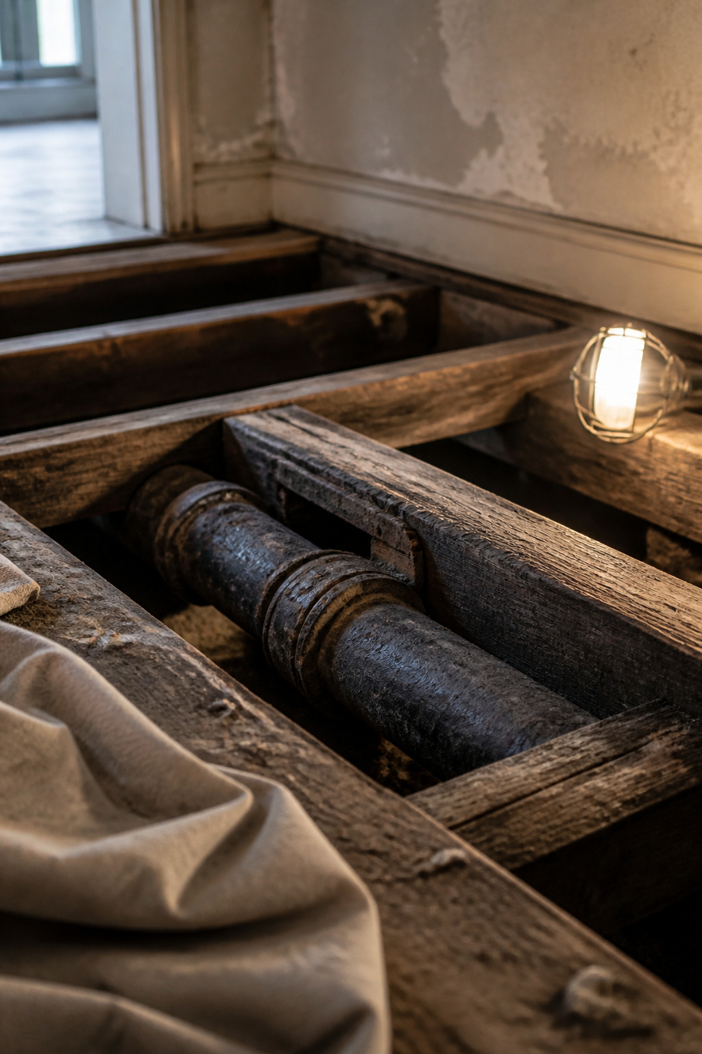 Weathered floor joists with a section of old cast-iron stack pipe visible between them