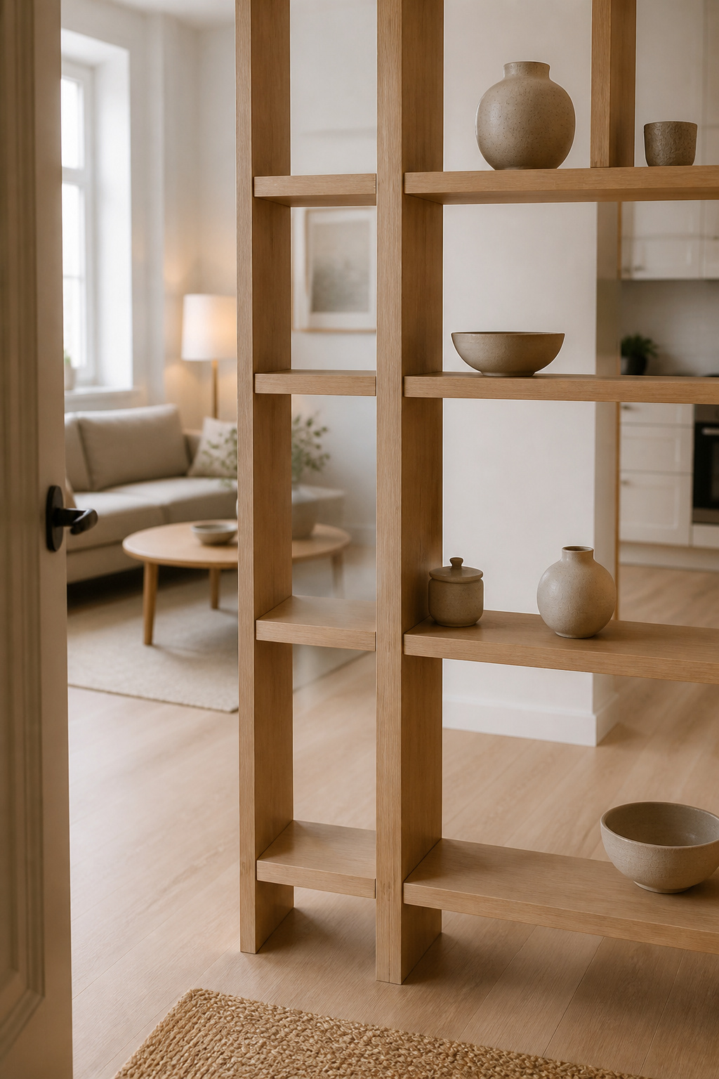 Pale oak open shelving unit used as a freestanding room divider near a studio apartment's front door