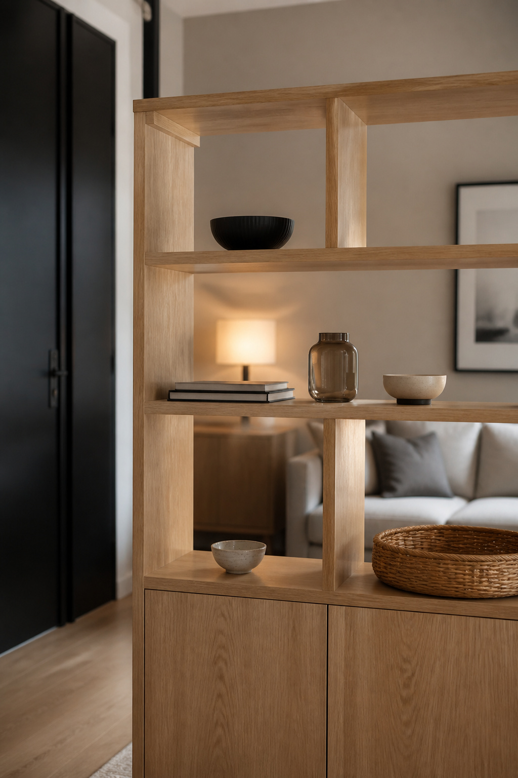 Light oak open-backed shelving unit used as a room divider between a studio apartment's entry and living area