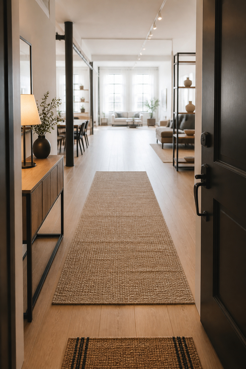 A long open sightline from a rental front door through a studio apartment that a rug and console alone cannot fully interrupt