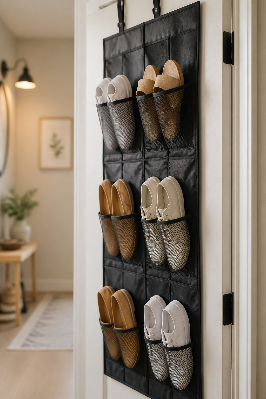 Matte black over-the-door shoe organizer with mesh pockets holding several pairs of shoes on an apartment interior door