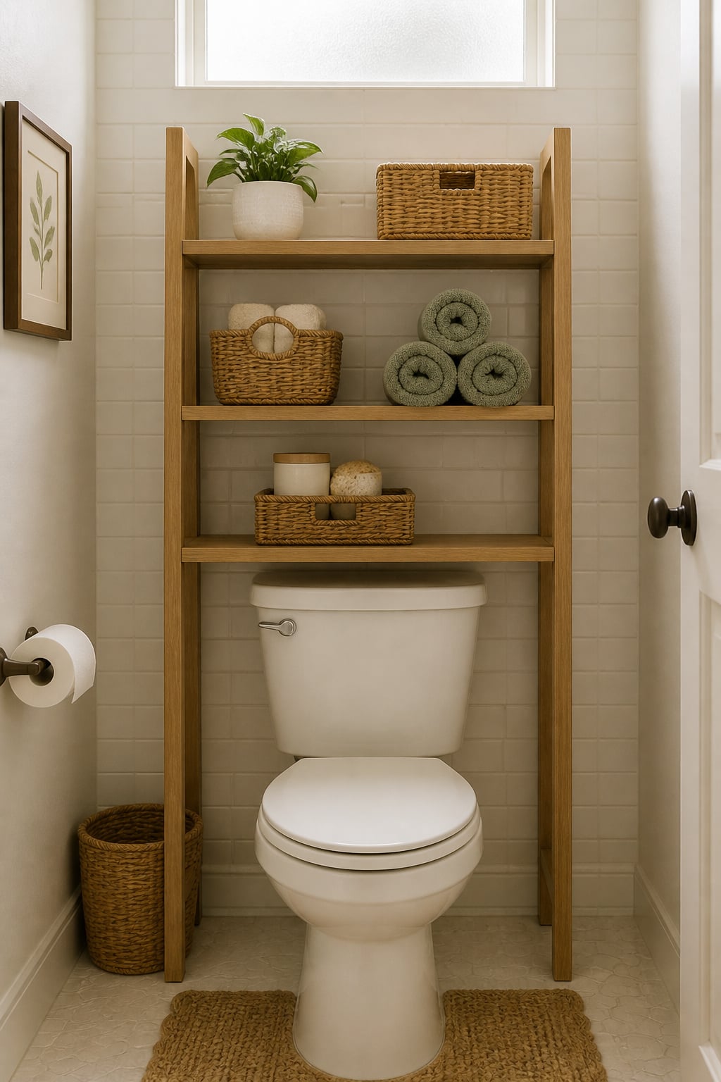 Natural wood over-toilet etagere with wicker baskets and rolled towels above a white toilet in a small bathroom