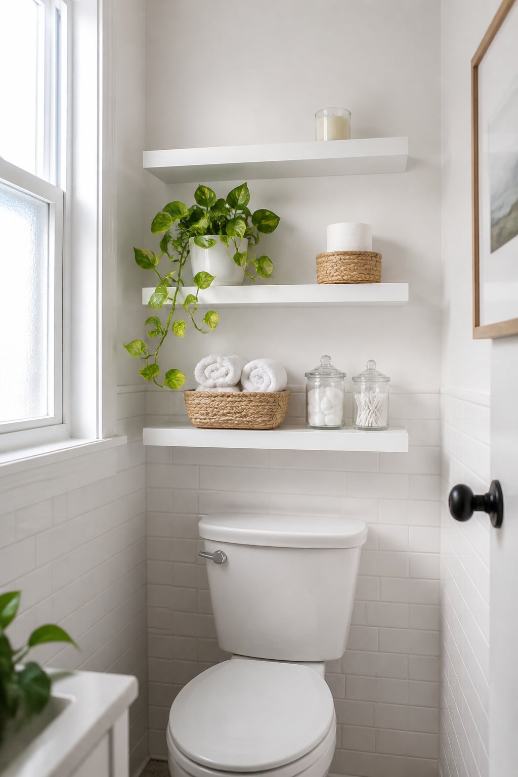 White floating shelves above a toilet in a small white bathroom, holding baskets, jars, and a small plant