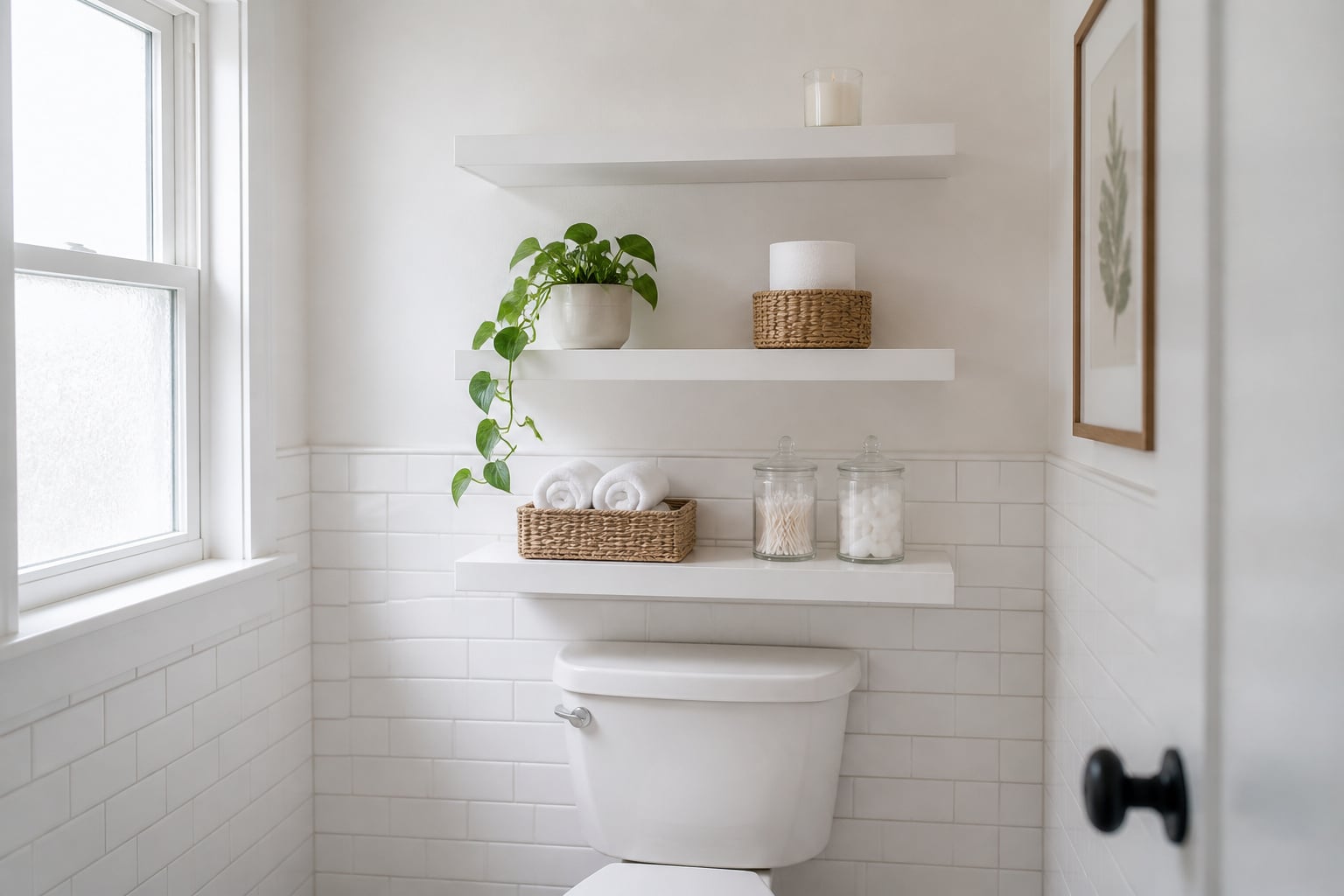 White floating shelves above a toilet in a small white bathroom, holding baskets, jars, and a small plant