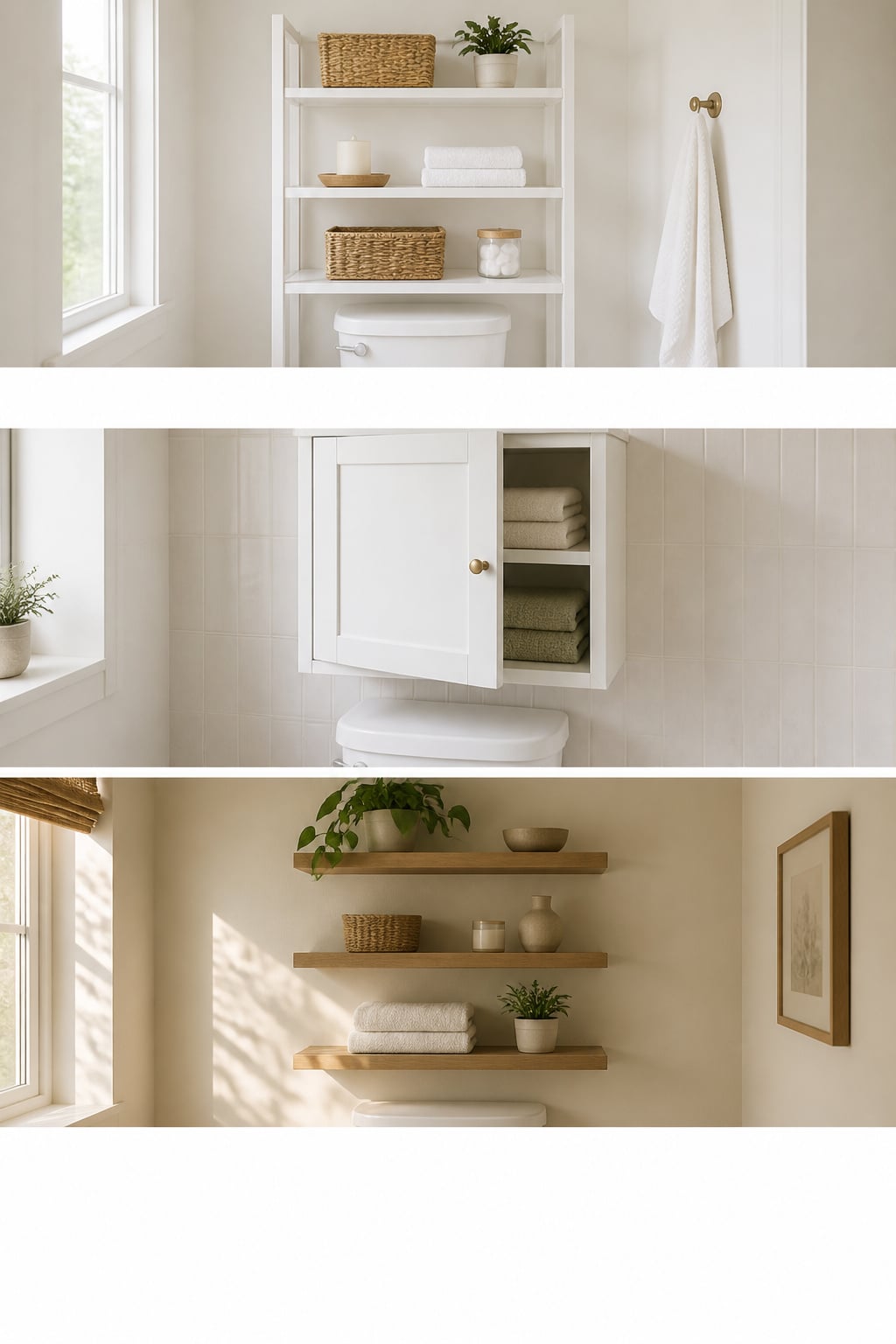 Three over-toilet storage styles side by side: freestanding etagere, wall cabinet, and floating shelves