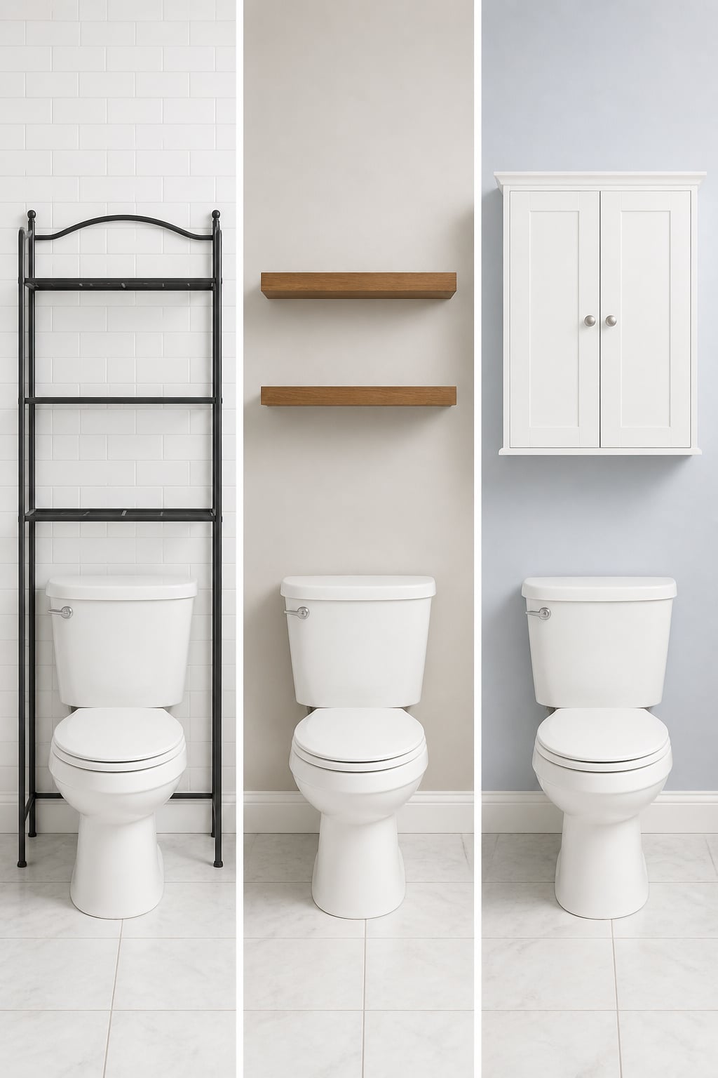 Three over-toilet storage options side by side: steel etagere, floating shelves, and wall cabinet