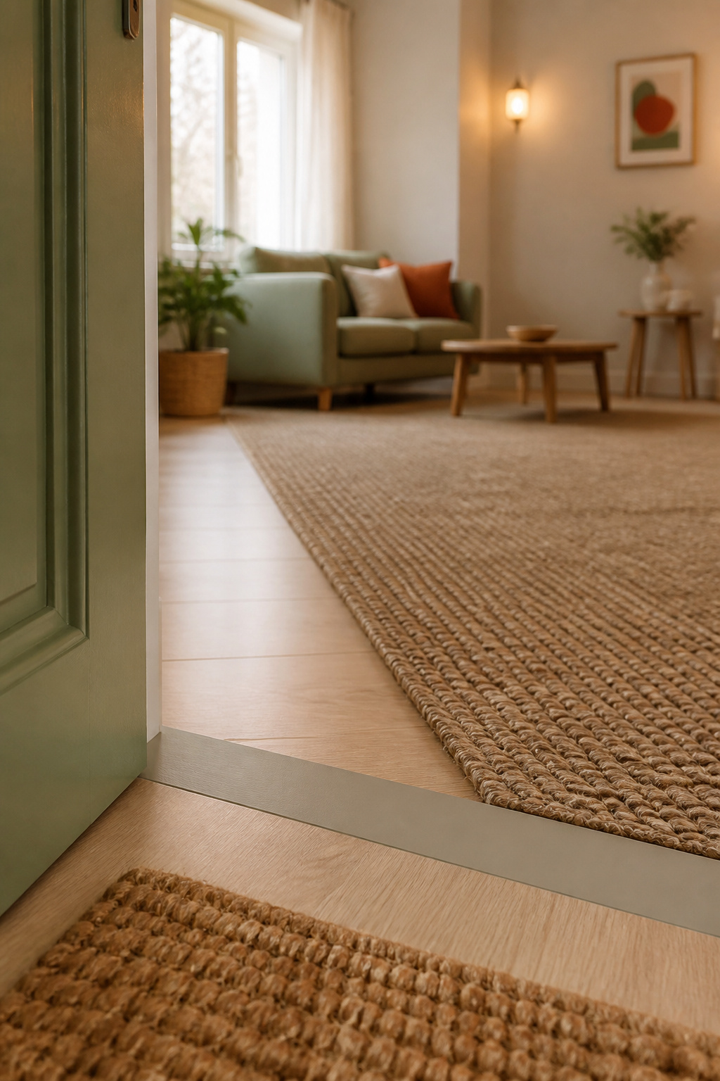 A painted greige boundary line on a rental floor transitioning into a two-by-three-foot jute flatweave rug marking an entry threshold