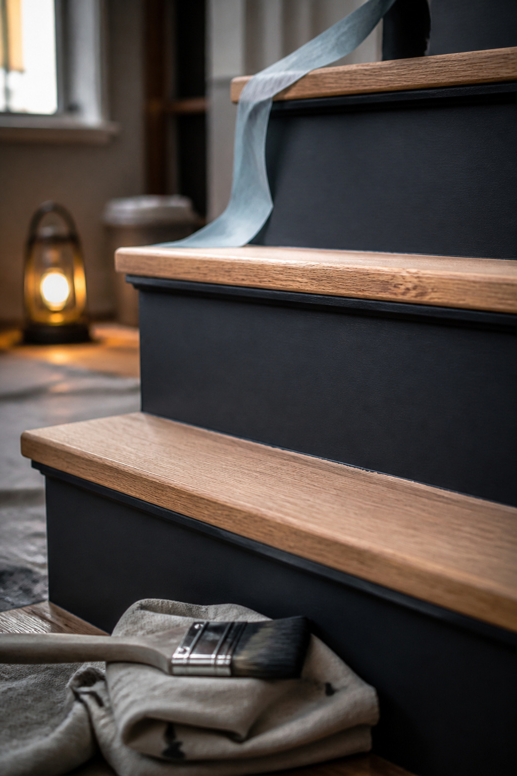 Close-up of freshly painted charcoal stair risers with natural oak treads and a paintbrush resting nearby
