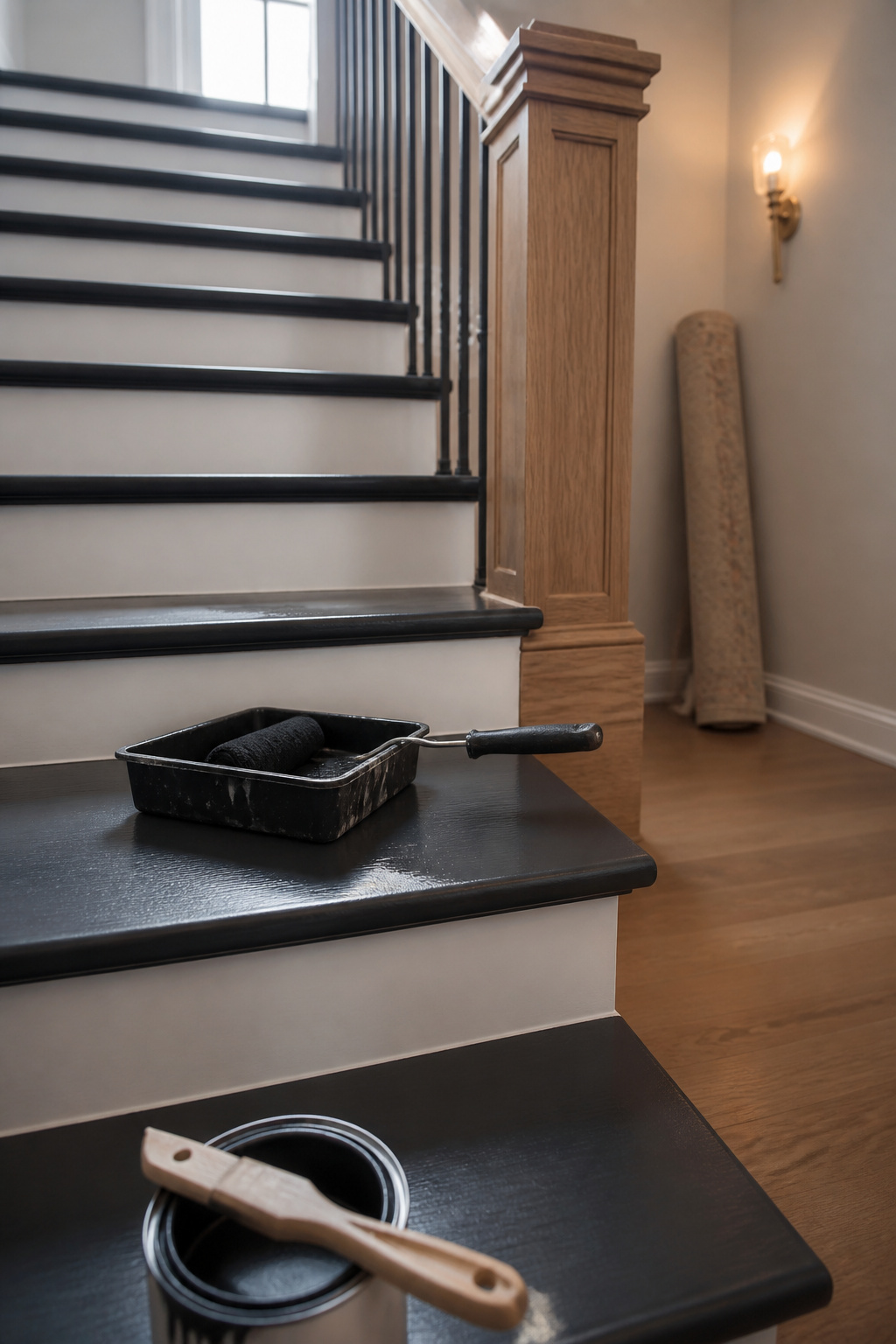 Staircase with charcoal-painted treads and white risers mid-makeover, paint can and roller tray on the steps