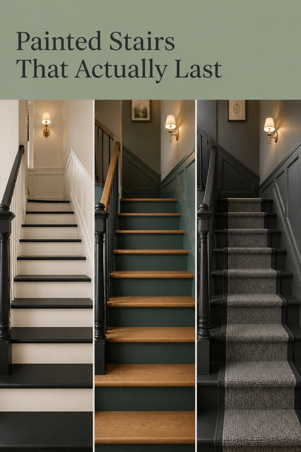 Pinterest pin collage of three painted staircase color schemes: charcoal treads, blue-green risers, and monochrome with a wool runner