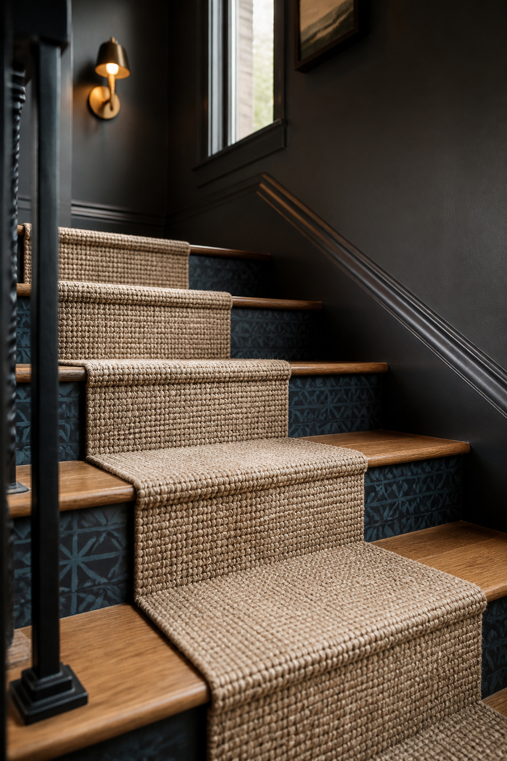 Staircase with patterned deep blue-green stencilled risers and a plain woven wool runner on natural oak treads