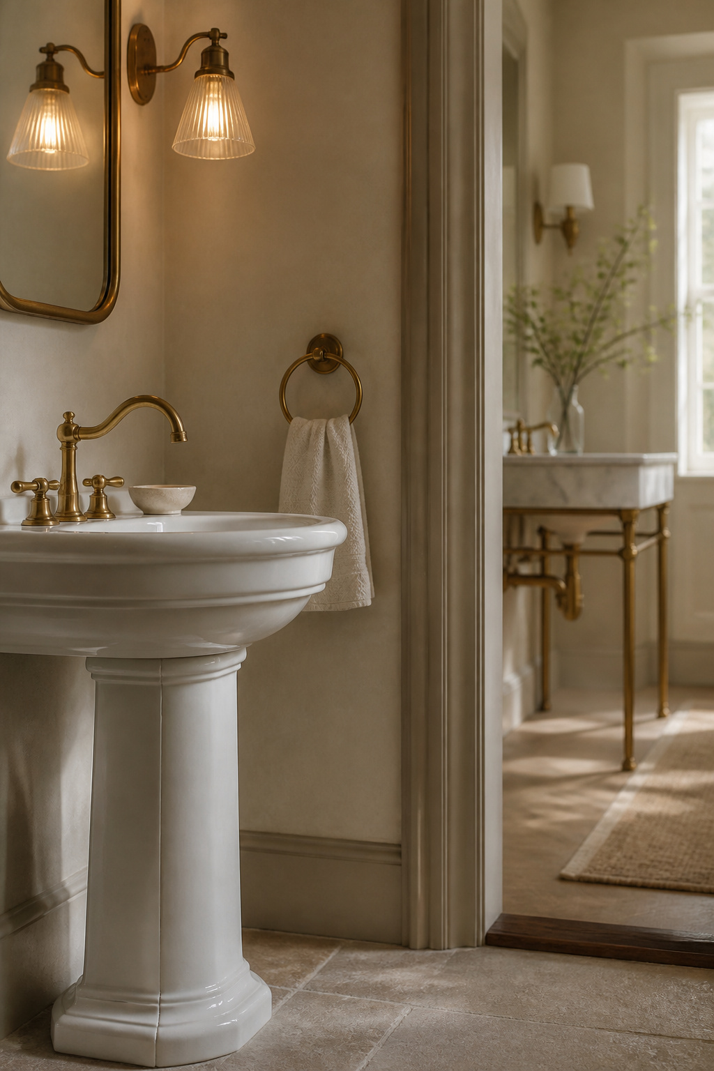 Pedestal sink in the foreground with a console sink visible through a doorway in a warm putty powder room