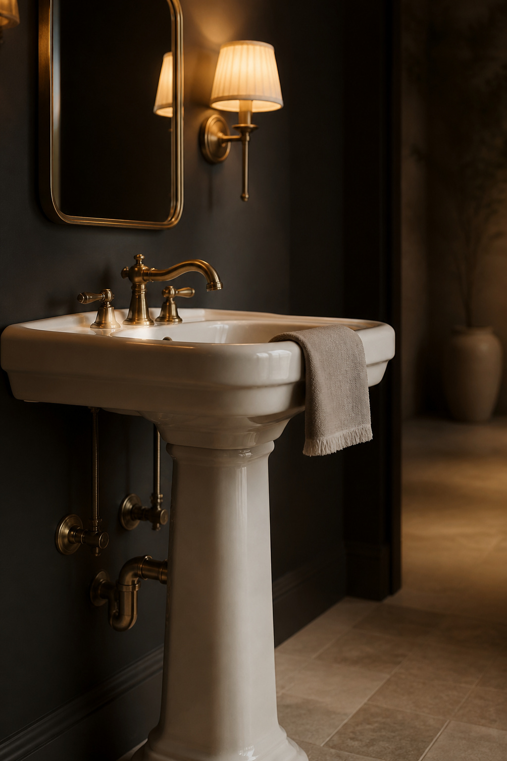 Pedestal sink with exposed antique brass plumbing against a charcoal wall