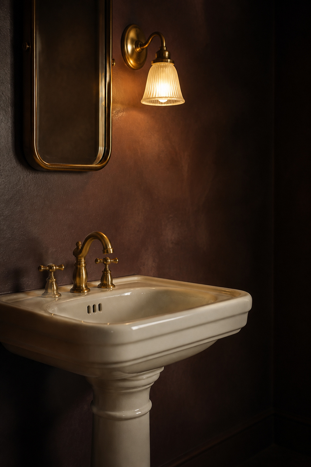 Pedestal sink against a dark plaster wall with a brass wall light and mirror edge visible