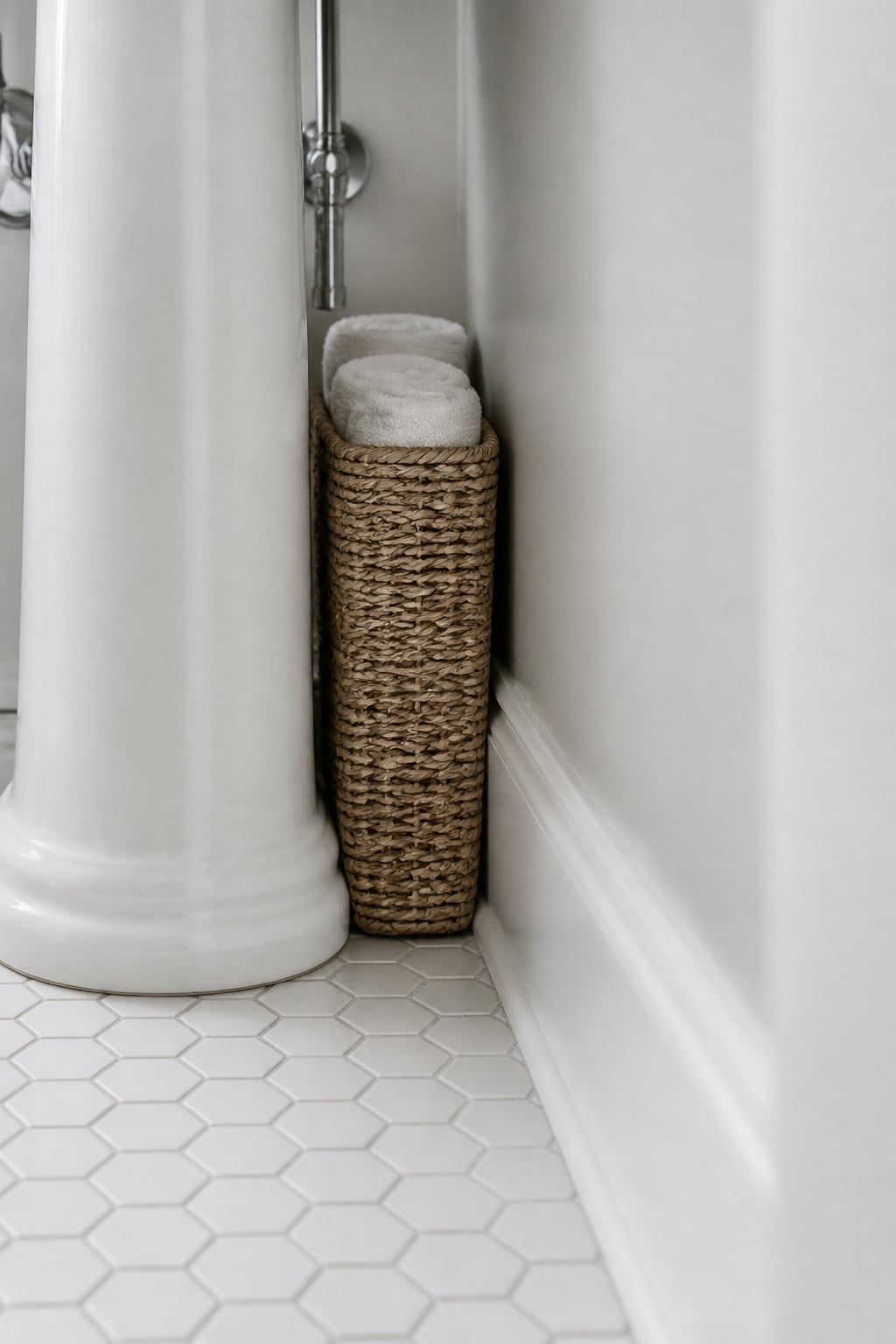 Slim seagrass basket fitting into the narrow gap beside a white pedestal sink column, holding rolled hand towels