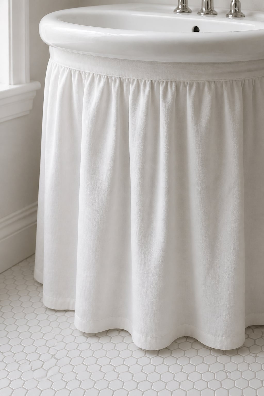 White gathered fabric sink skirt hanging from beneath a pedestal sink basin, covering the column base and plumbing