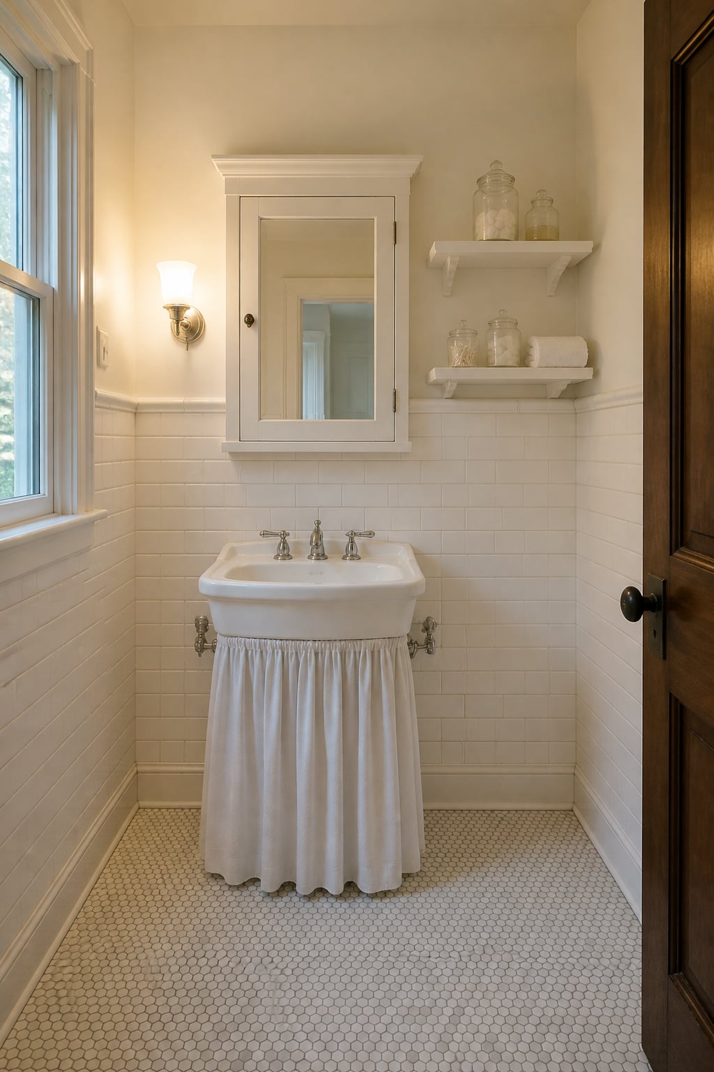 Classic white pedestal sink in a period bathroom with a medicine cabinet, floating shelves, and a white fabric sink skirt