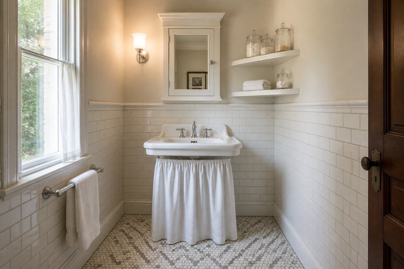 Classic white pedestal sink in a period bathroom with a medicine cabinet, floating shelves, and a white fabric sink skirt