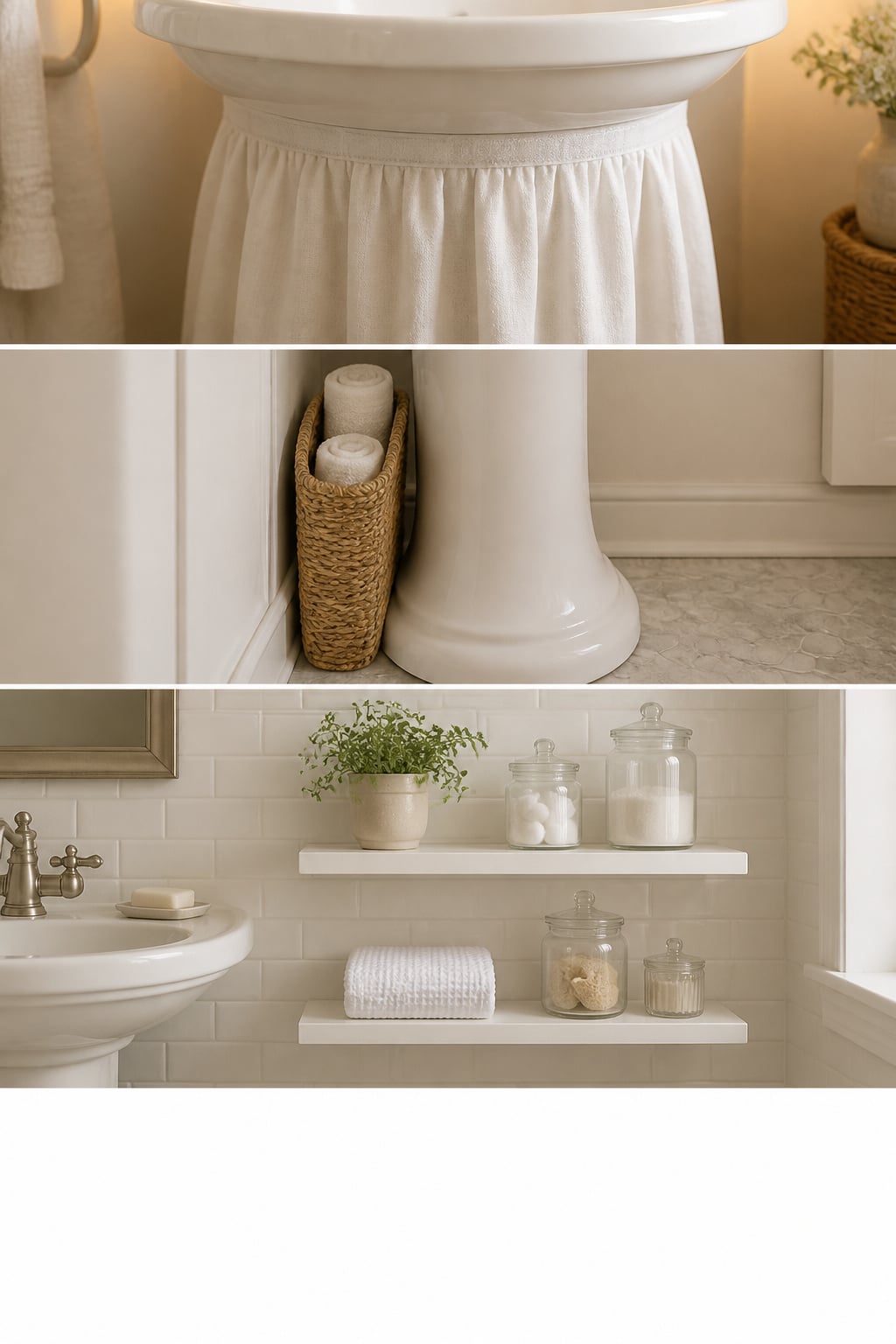 Three pedestal sink storage solutions: a fabric sink skirt, a slim basket in the base nook, and floating wall shelves