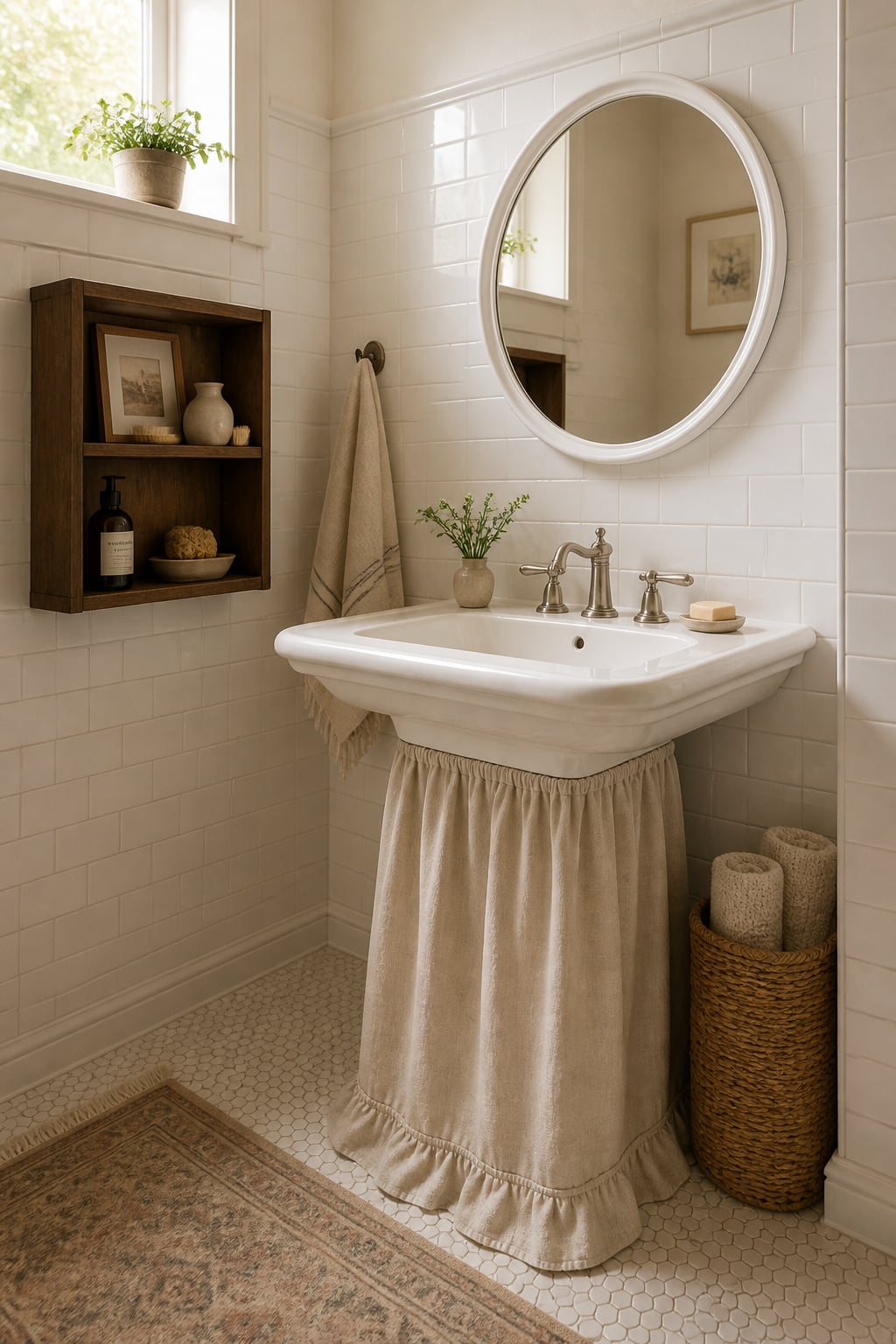 White pedestal sink with linen skirt, wall-mounted cabinet to the left, and woven basket in the side nook showing pedestal sink storage solutions