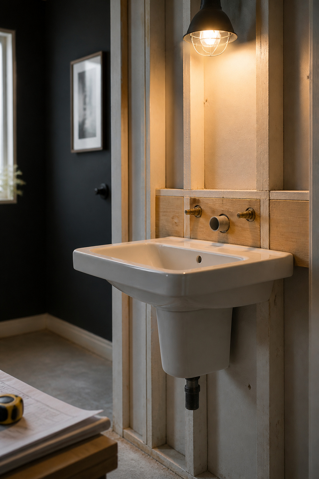 Exposed wall stud section showing horizontal blocking board and drain stub-out for a pedestal sink installation