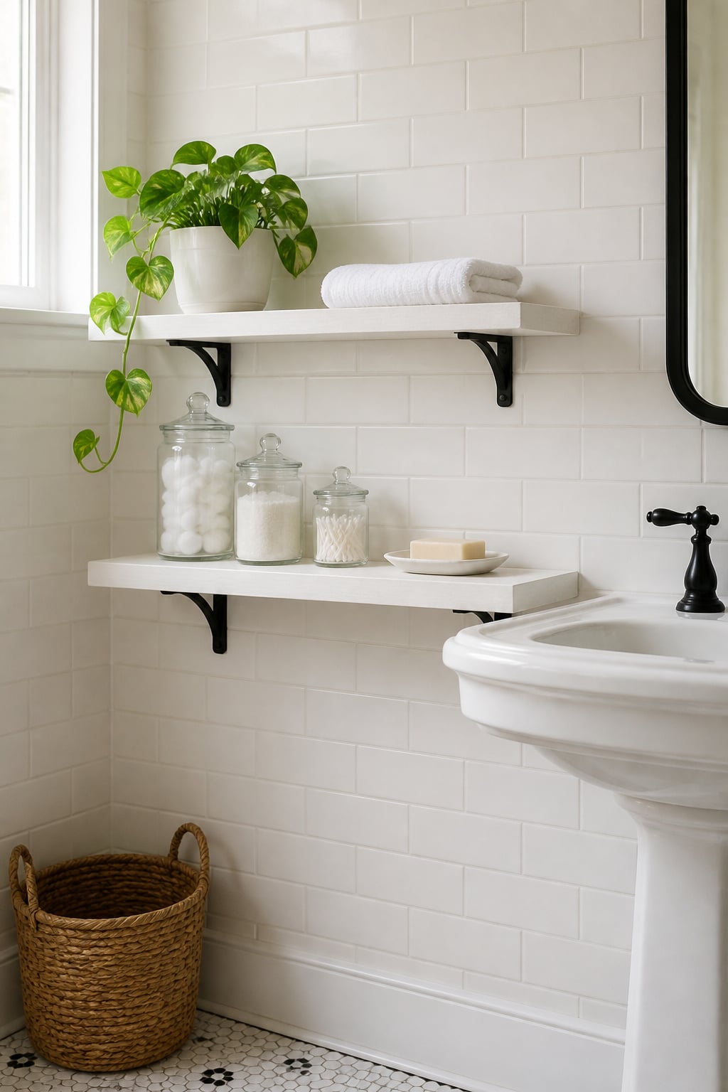 Two white floating shelves mounted beside a pedestal sink on white subway tile, holding apothecary jars, a plant, and a folded washcloth