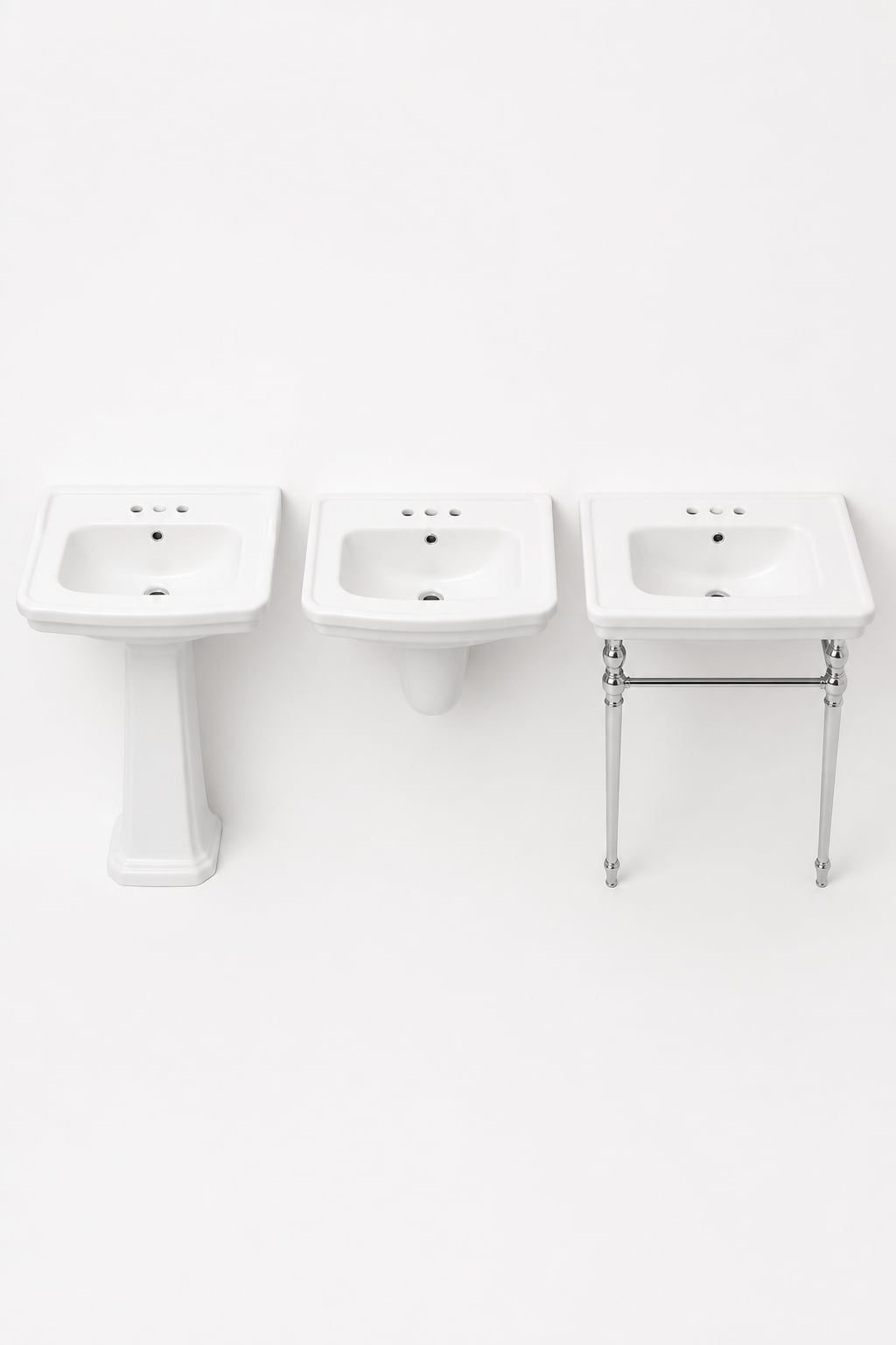 Three bathroom sink types side by side: full column pedestal, semi-pedestal, and two-legged console sink