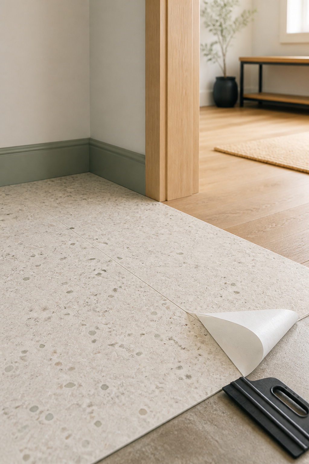 Pale terrazzo-look peel-and-stick floor tile being applied over a rental entryway floor, one tile corner mid-application