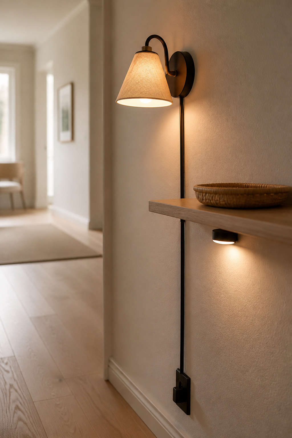 Warm plug-in wall sconce mounted at eye height on a pale hallway wall with its cord in a matte-black channel, and a small battery puck light glowing beneath a nearby shelf