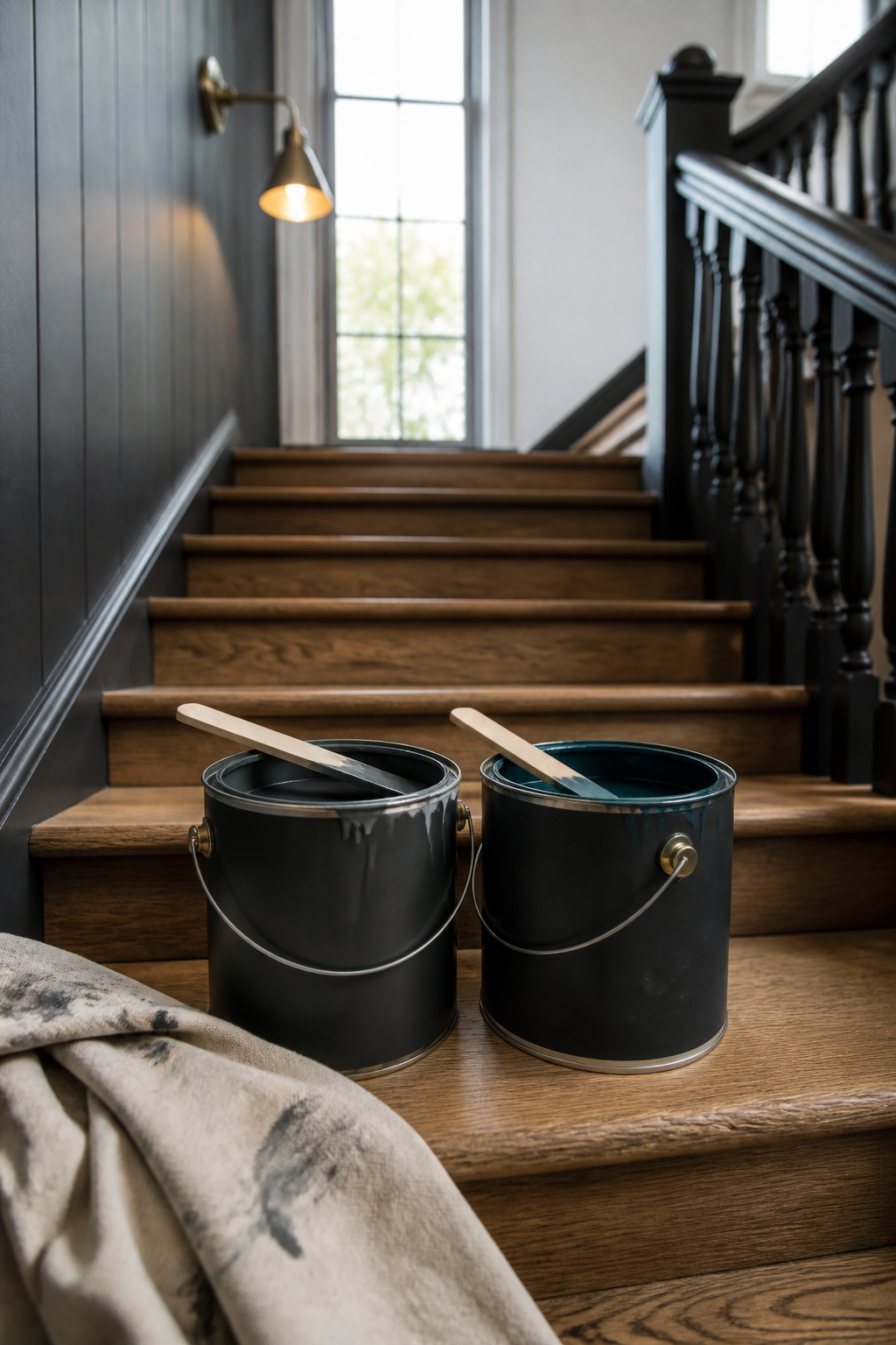 Two cans of porch and floor enamel paint, charcoal and deep blue-green, open on a bare wood stair tread