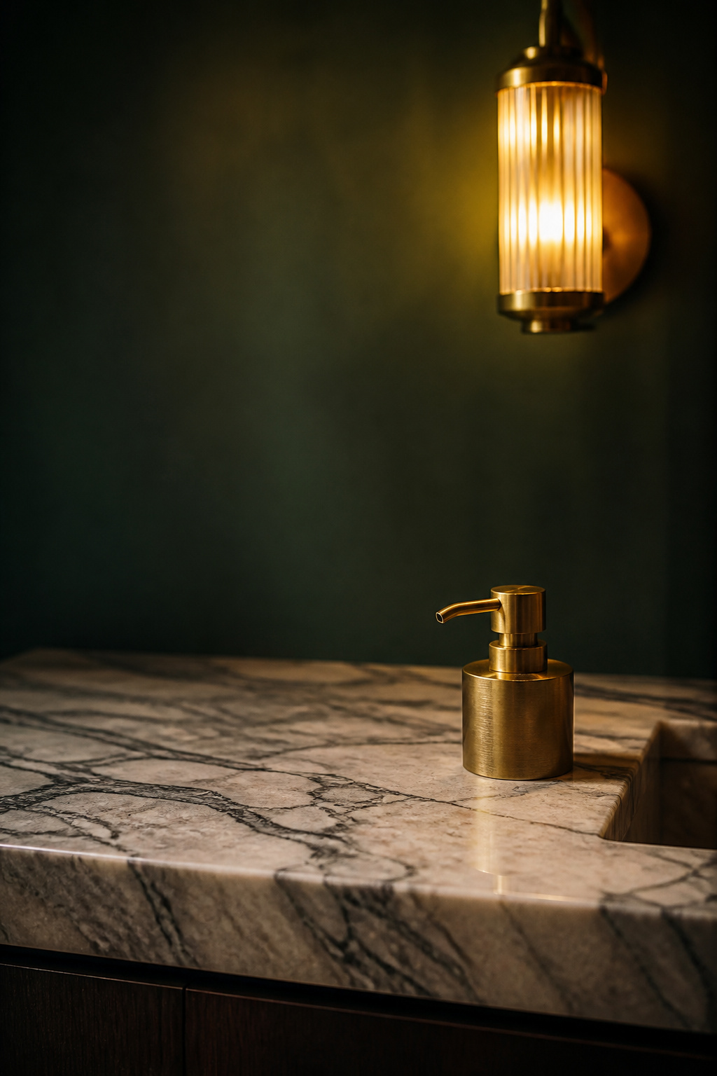 Nearly empty marble vanity top in a dark green powder room holding only a single brass soap pump