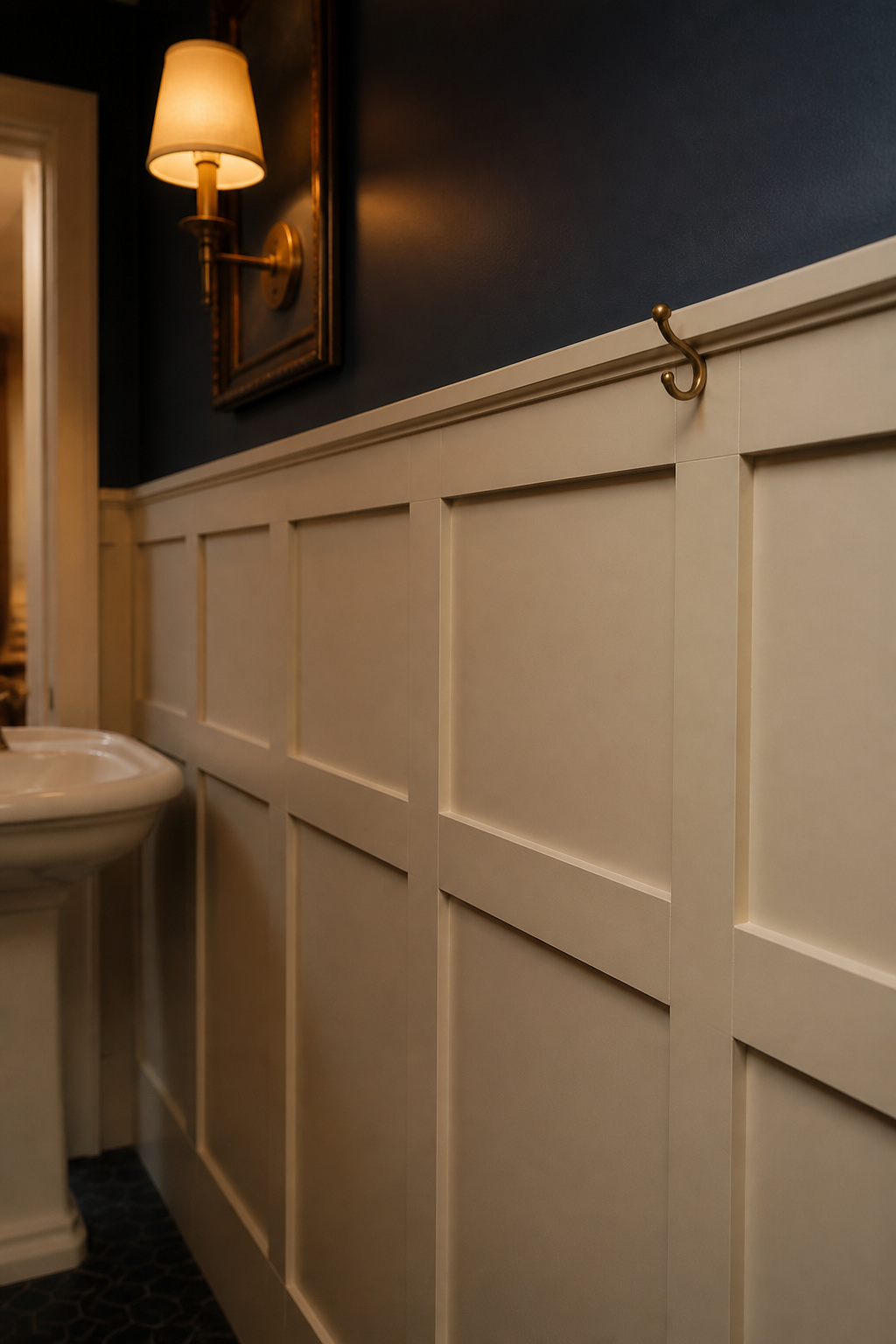 Board-and-batten wainscoting with a painted cap rail in a small powder room