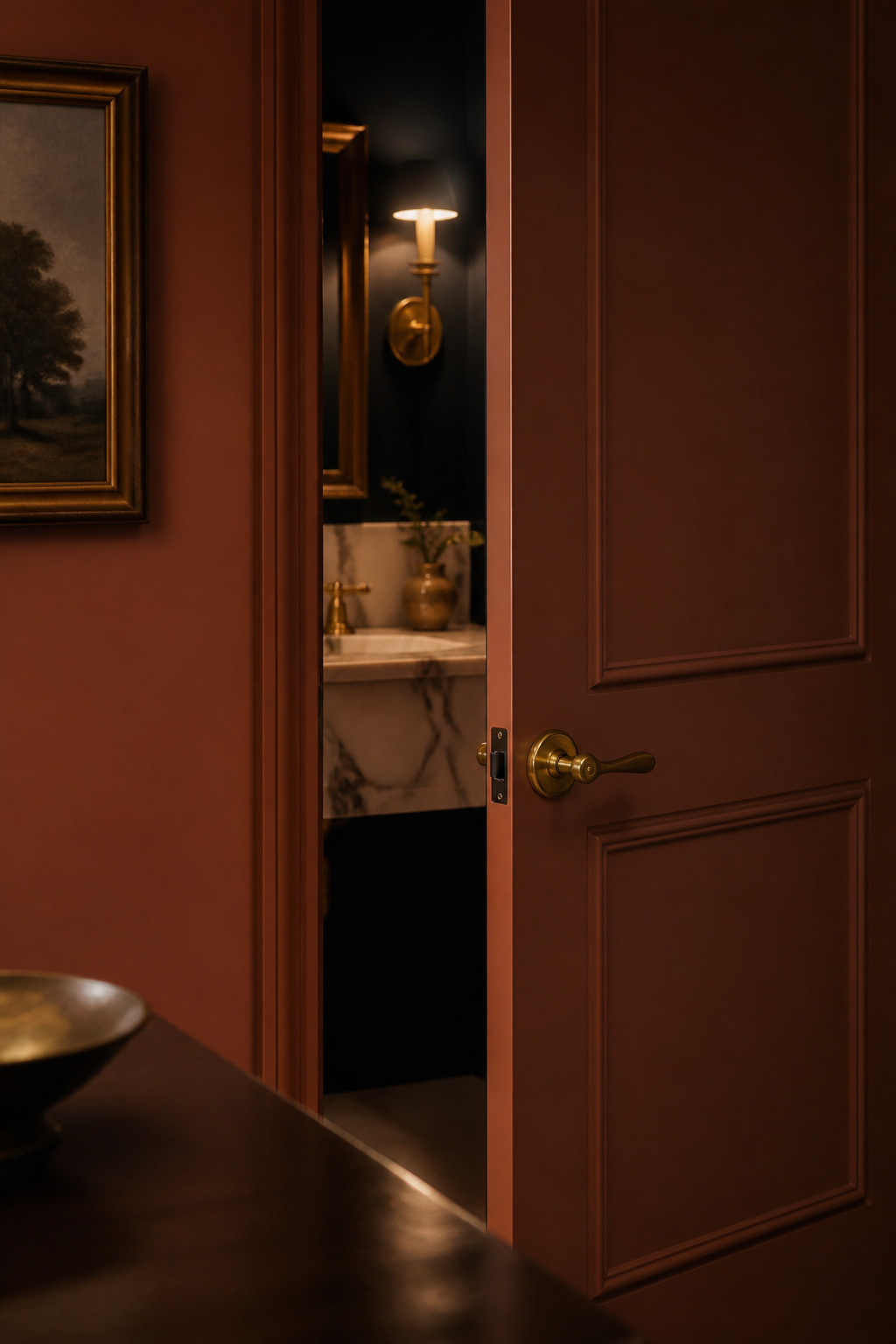 A solid-core powder room door ajar off a warm terracotta-clay dining room, brass sconce glowing inside
