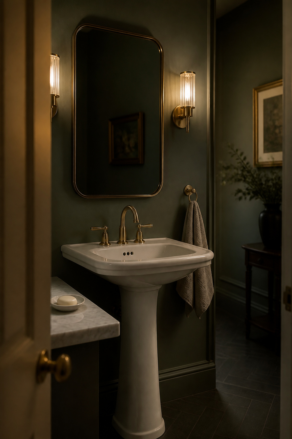Small sage-green powder room seen from the doorway with a pedestal sink, brass fixtures and a single folded linen towel
