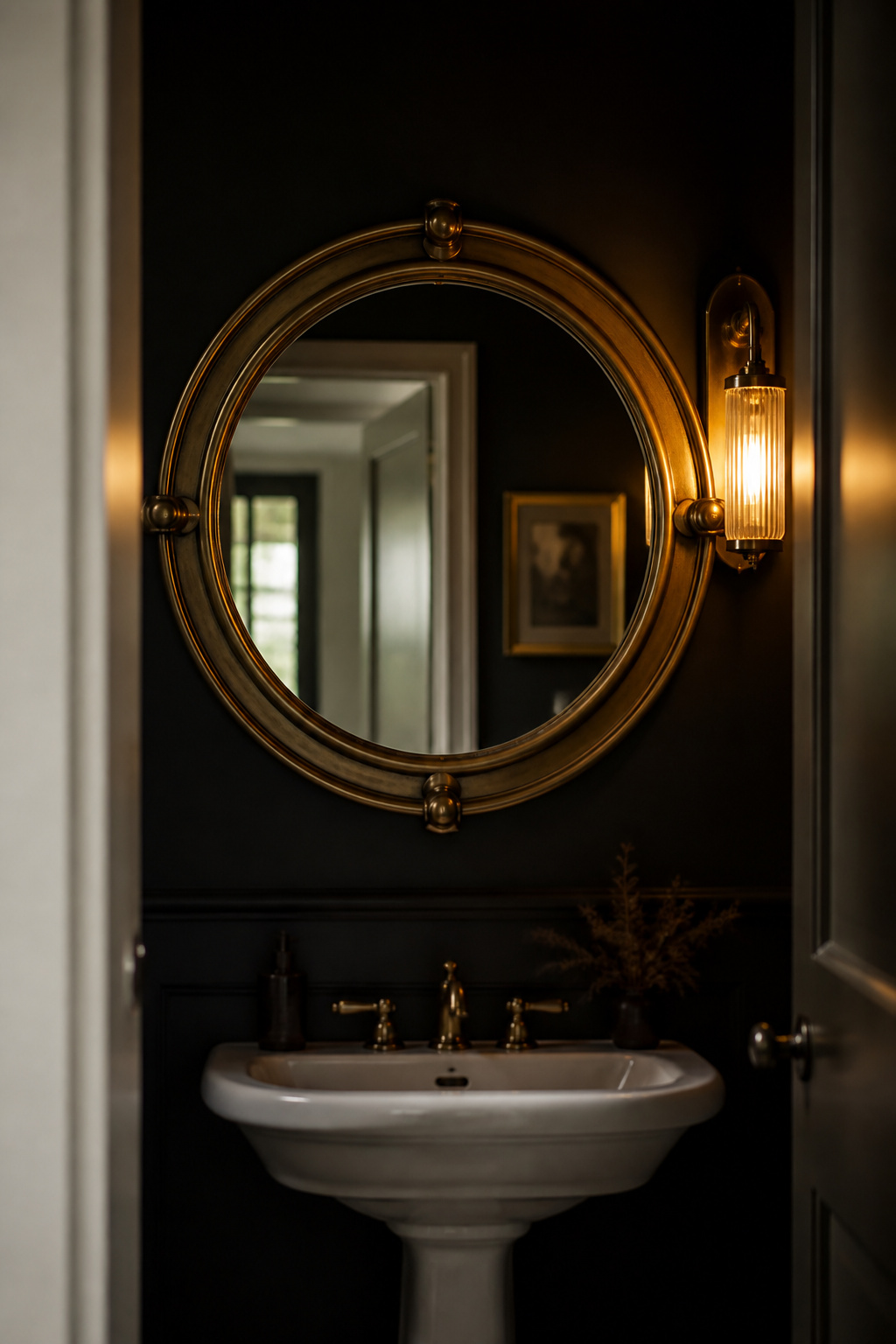 View through an open doorway into a charcoal powder room, with a round brass mirror as the single focal point opposite the door