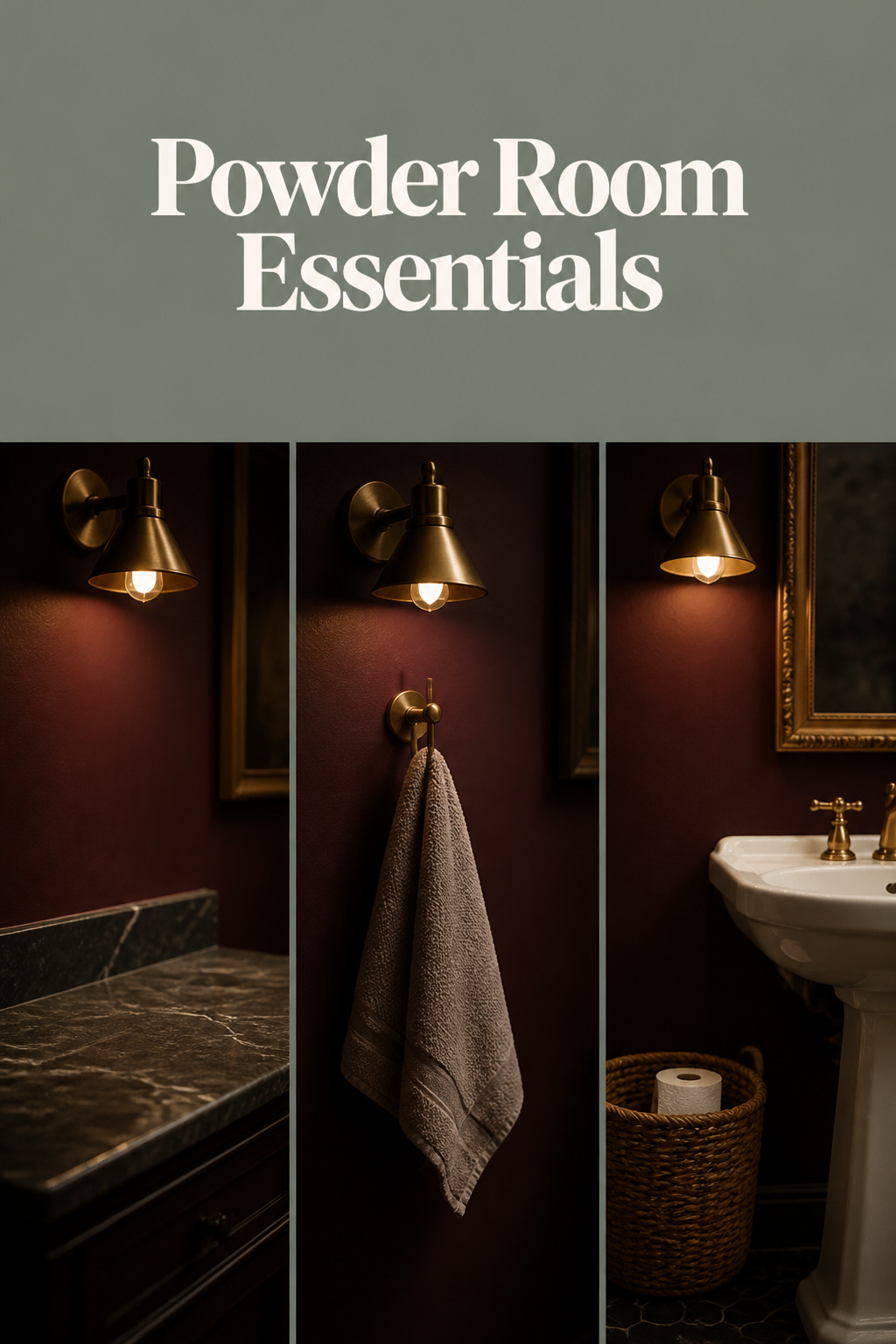 Pinterest pin collage of a bare marble vanity, a single linen towel on a brass hook, and a visible spare toilet roll in a dark powder room, with a sage grey-green headline band reading Powder Room Essentials