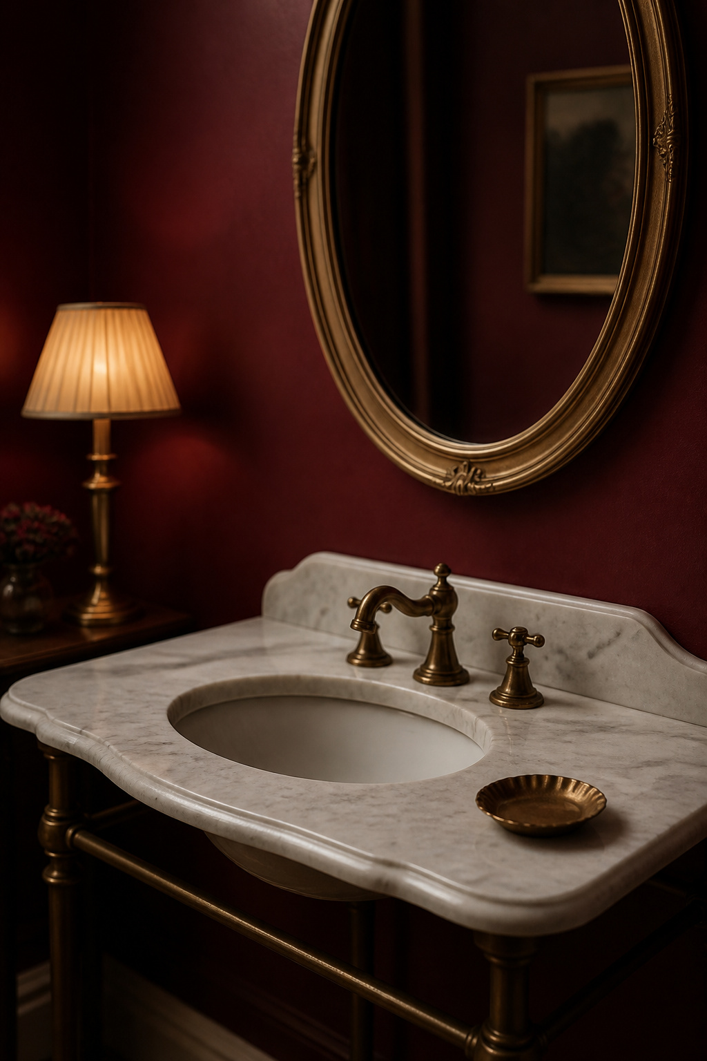 Antique-style marble console with an oval brass mirror in a deep oxblood powder room, evoking the room's dressing-table origins