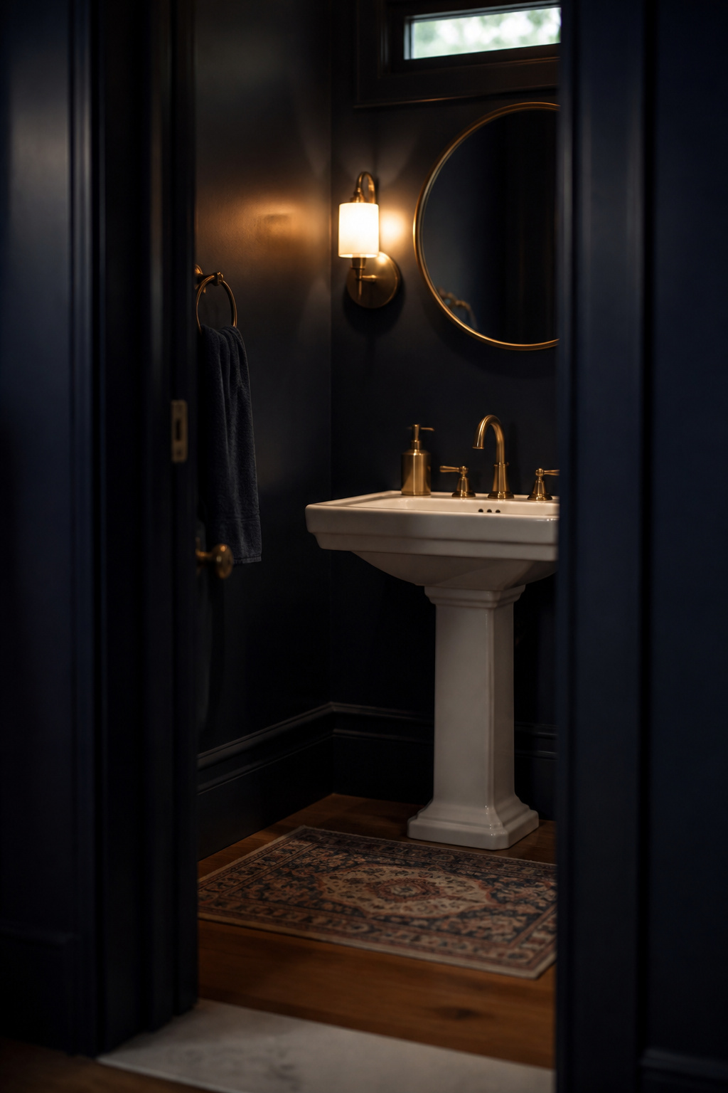 Small powder room with deep navy walls, a pedestal sink, antique brass faucet and a round brass mirror