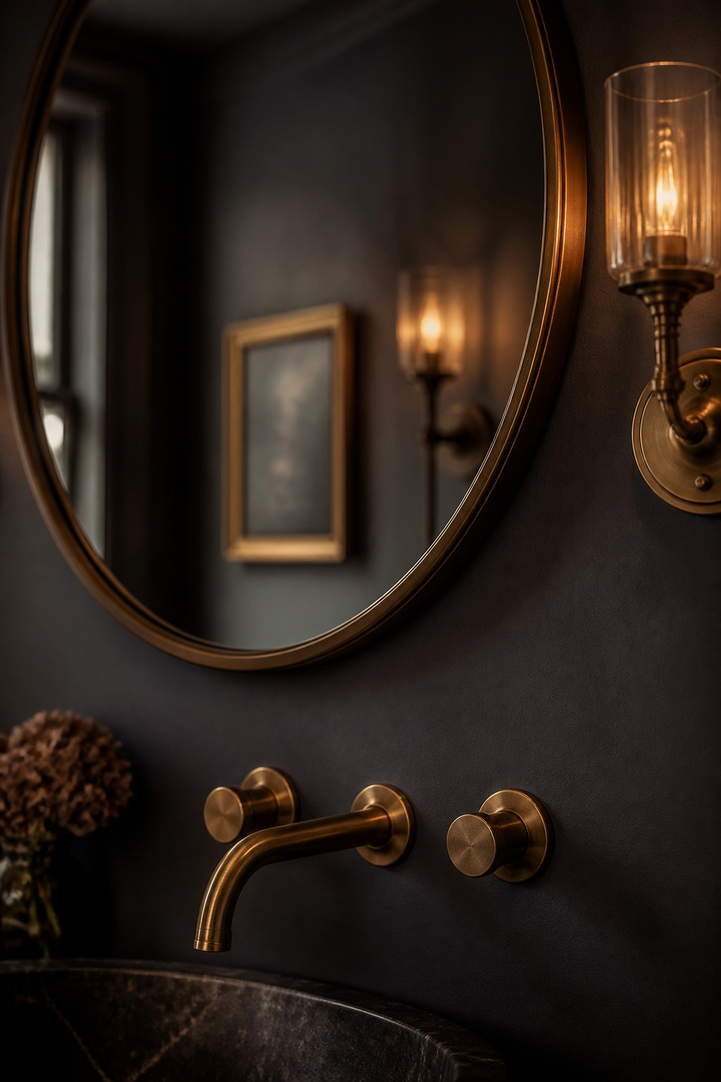 Round antique brass mirror hung above a wall-mount faucet, reflecting a brass sconce