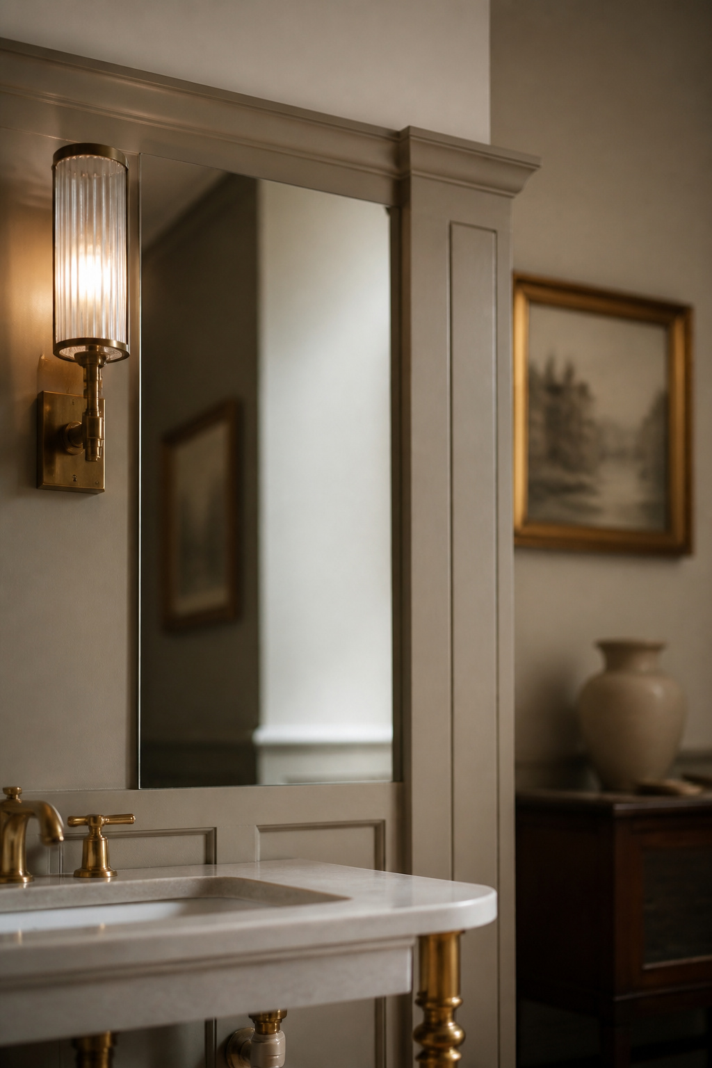 Frameless mirror inset flush into a painted board-and-batten panel above a console sink