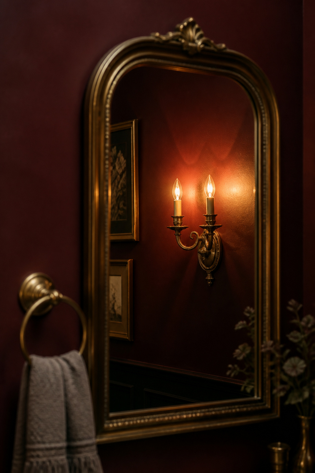 Tall antique brass mirror reflecting a lit wall sconce in a powder room