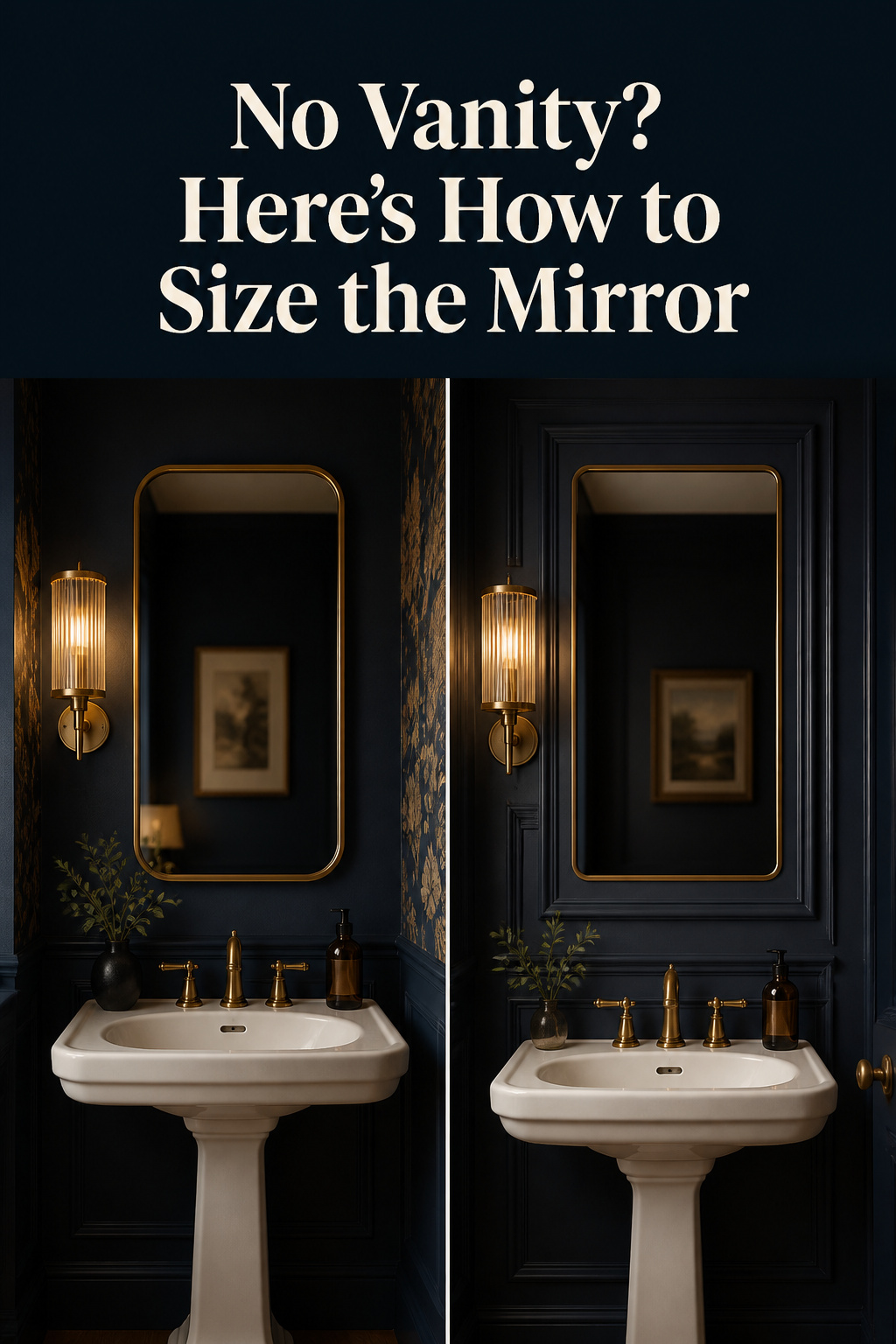 Pinterest pin comparing a mirror over a pedestal sink and a mirror inset into millwork paneling in a powder room