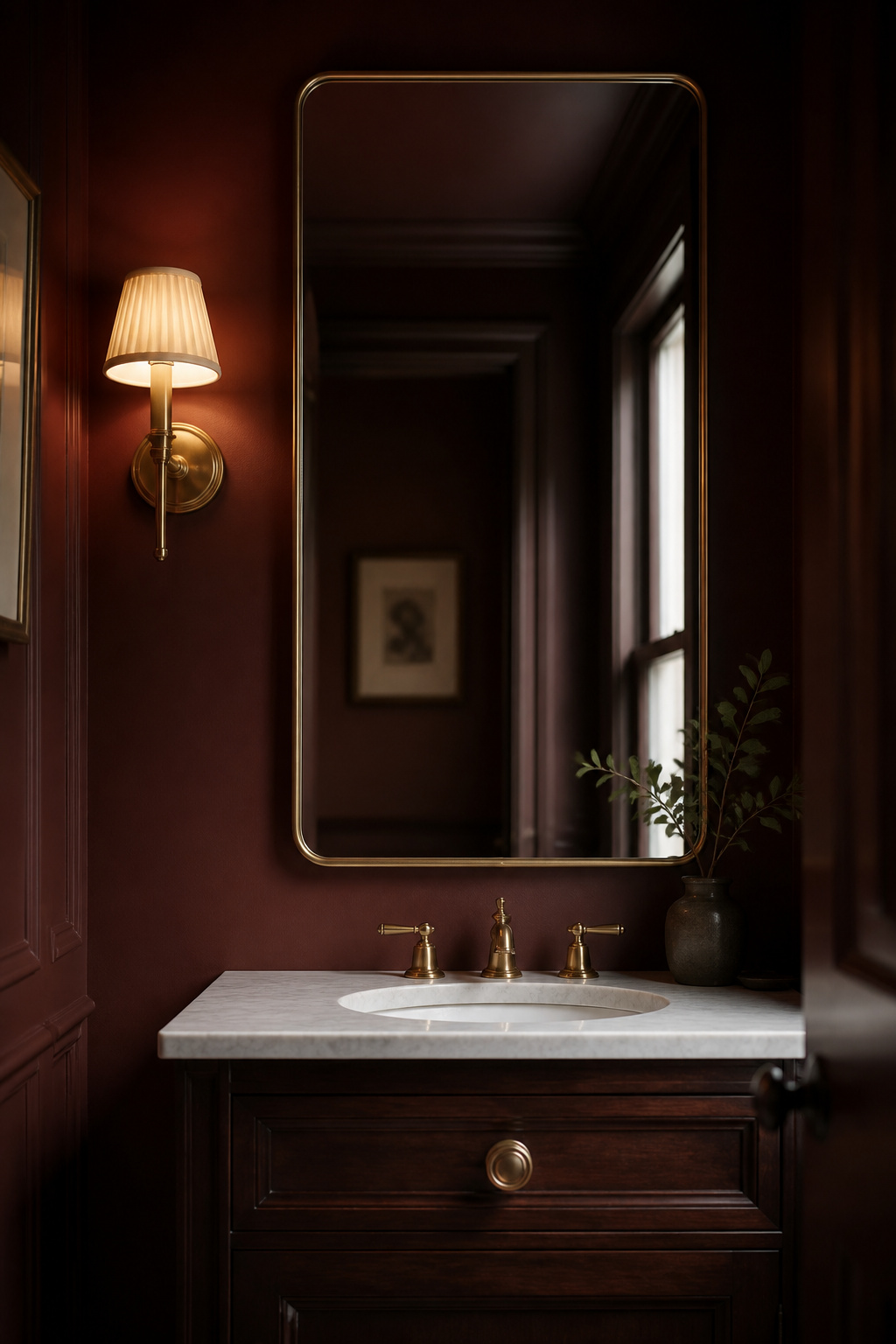 Rectangular mirror hung flush above a narrow powder room vanity cabinet