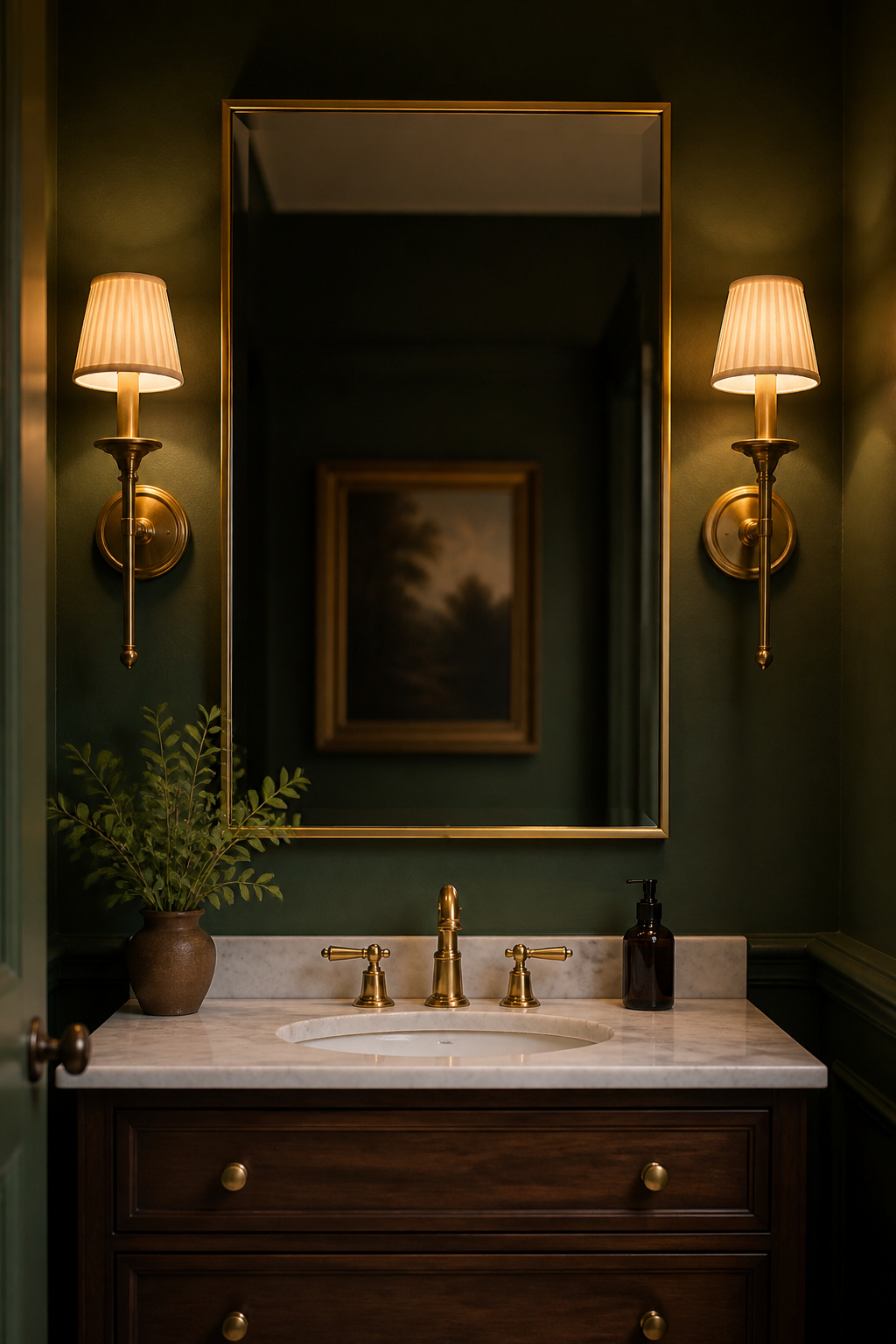 Rectangular mirror sized to roughly 80 percent of a 30-inch powder room vanity's width