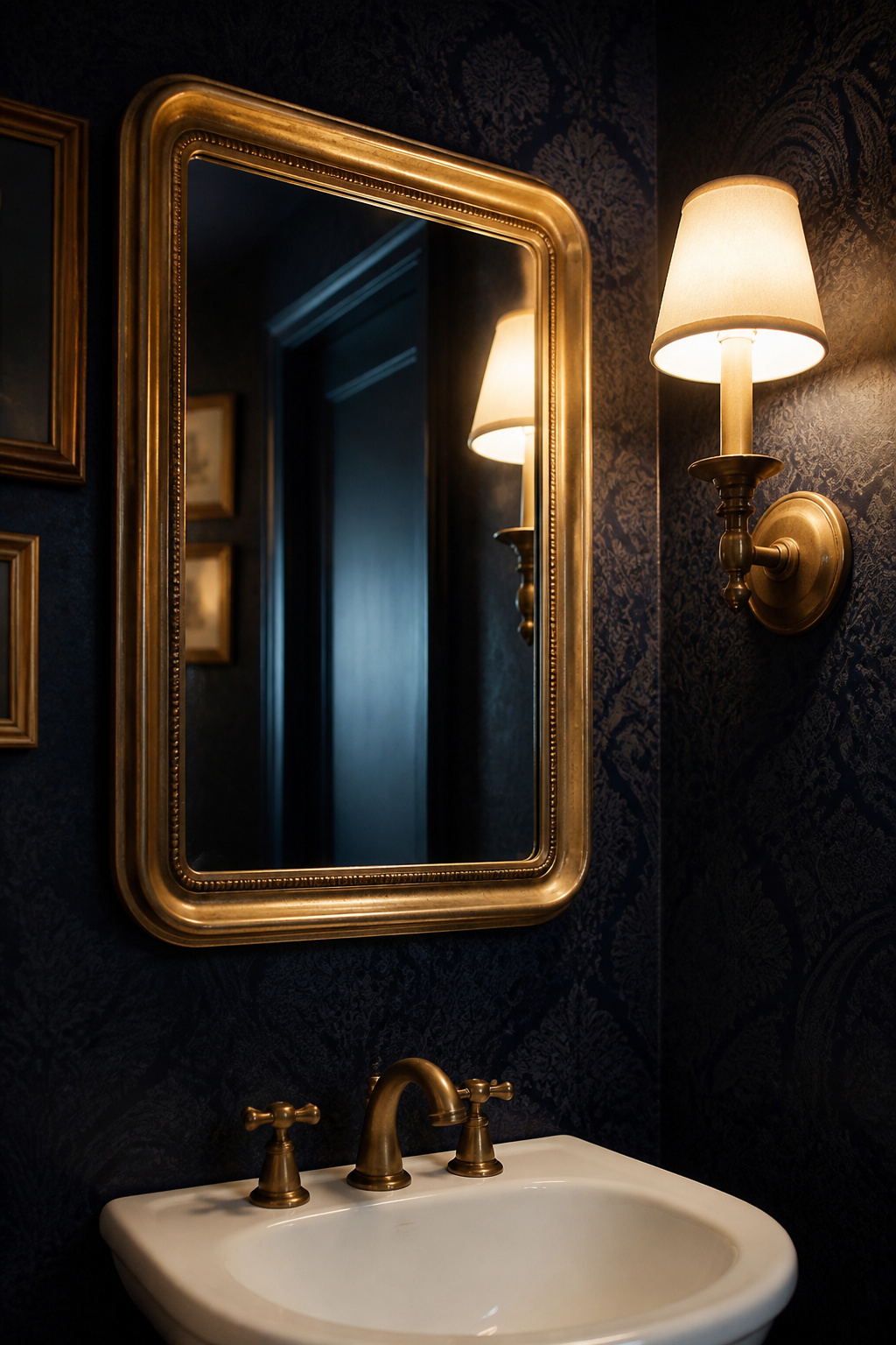 Antique brass framed mirror hung above a wall-mount sink in a small navy powder room