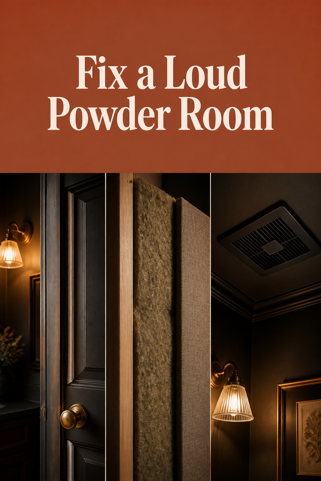 Pinterest pin collage of a solid-core door seal, rockwool acoustic panel, and exhaust fan grille for powder room privacy