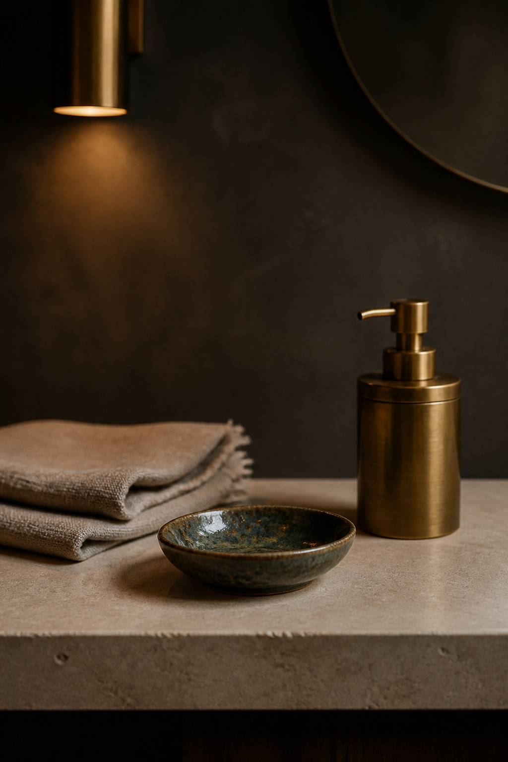 A brass soap pump, small ceramic dish and one folded linen towel spaced deliberately on a limestone vanity top in a dark charcoal powder room